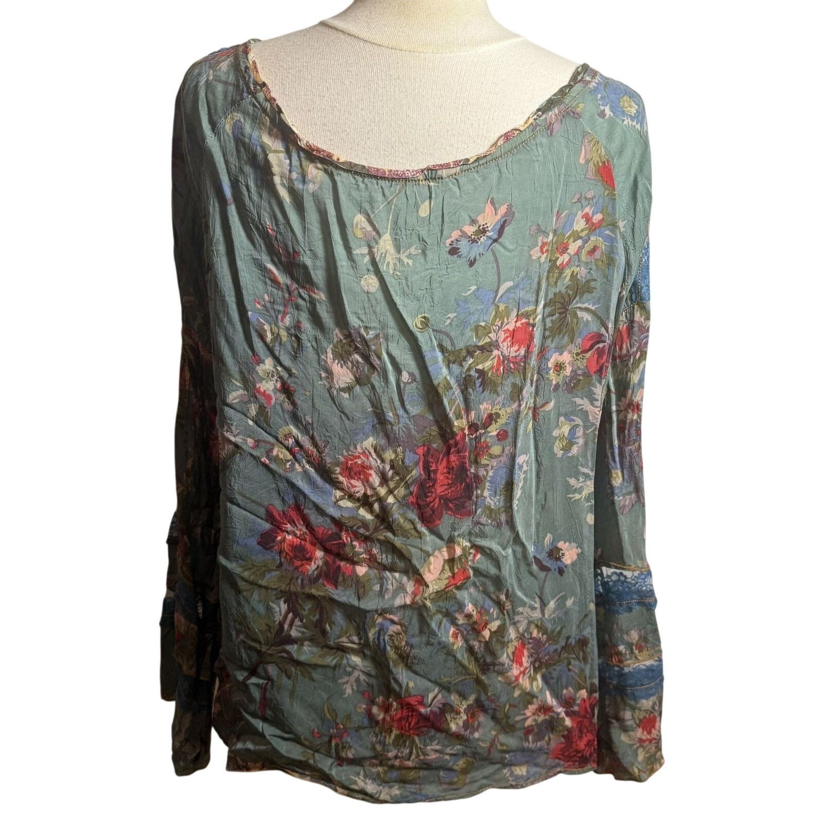 Johnny Was Multi Color Silk Long Sleeve Tunic with Lace Trim Size XL / US 12-14 / IT 48-50 - 4 Thumbnail