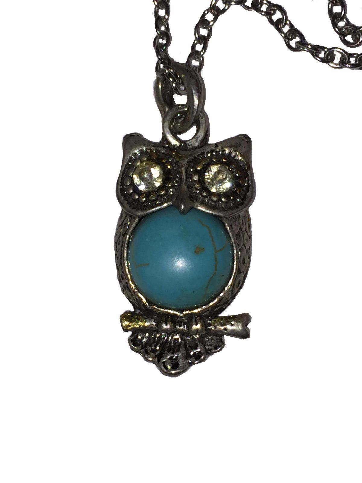 Designer Fun Silver Tone Turquoise and Rhinestone Owl Charm Necklace Size ONE SIZE - 2 Thumbnail