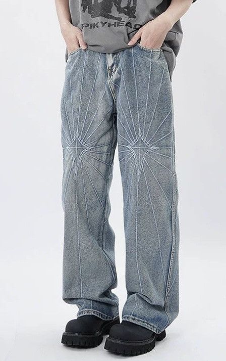 image of Vintage Avant Grade Spider Web Embroidery Washed Jeans Pants in Blue, Men's (Size 30)