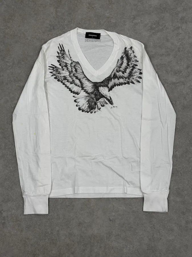 Dsquared2 FW2015 Dsquared2 White Royal Eagle Graphic V-Neck Longsleeves Size US M / EU 48-50 / 2 - 1 Thumbnail