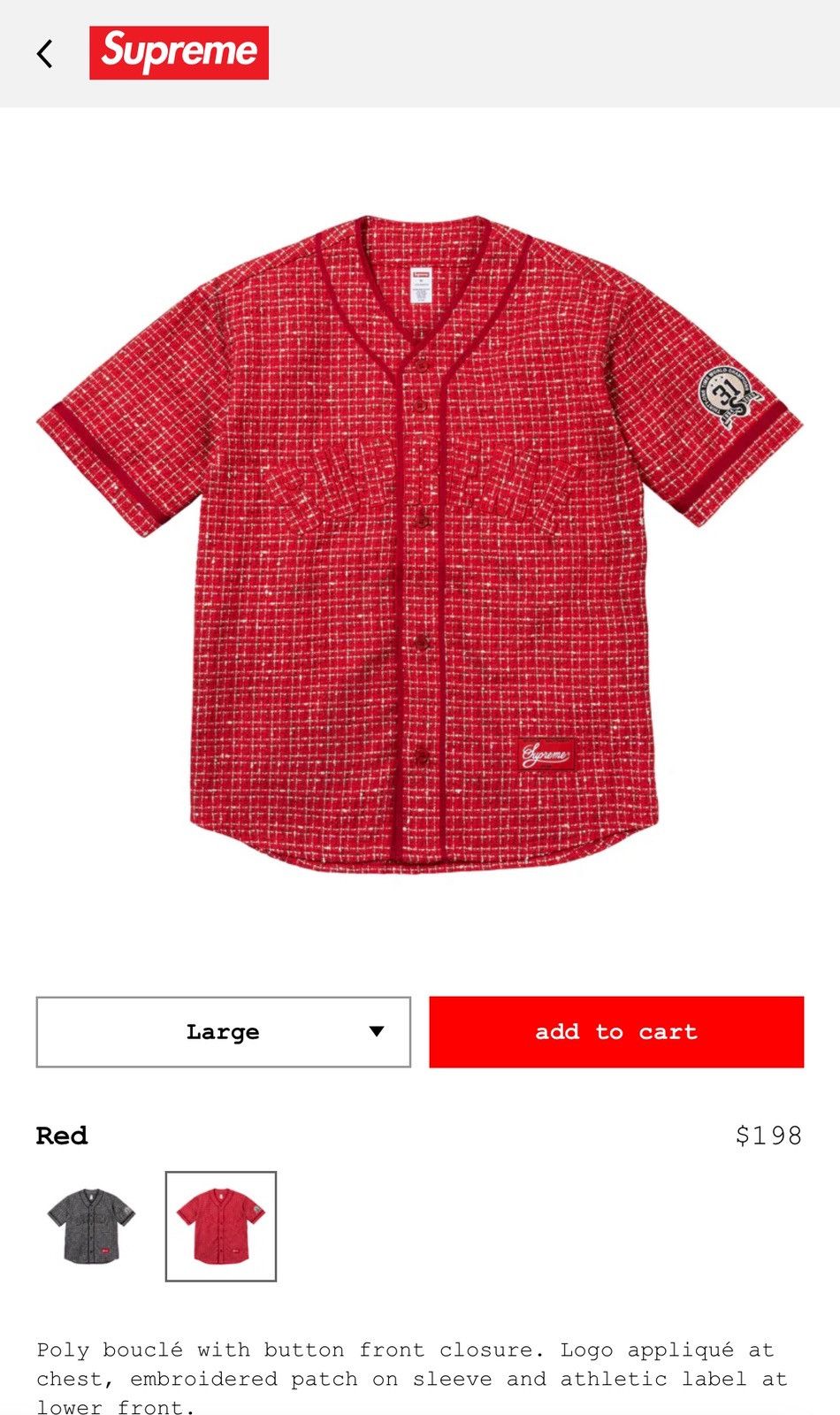 Supreme Supreme FW25 Bouclé Baseball Jersey Red LARGE (ON-HAND) Size US L / EU 52-54 / 3 - 3 Thumbnail