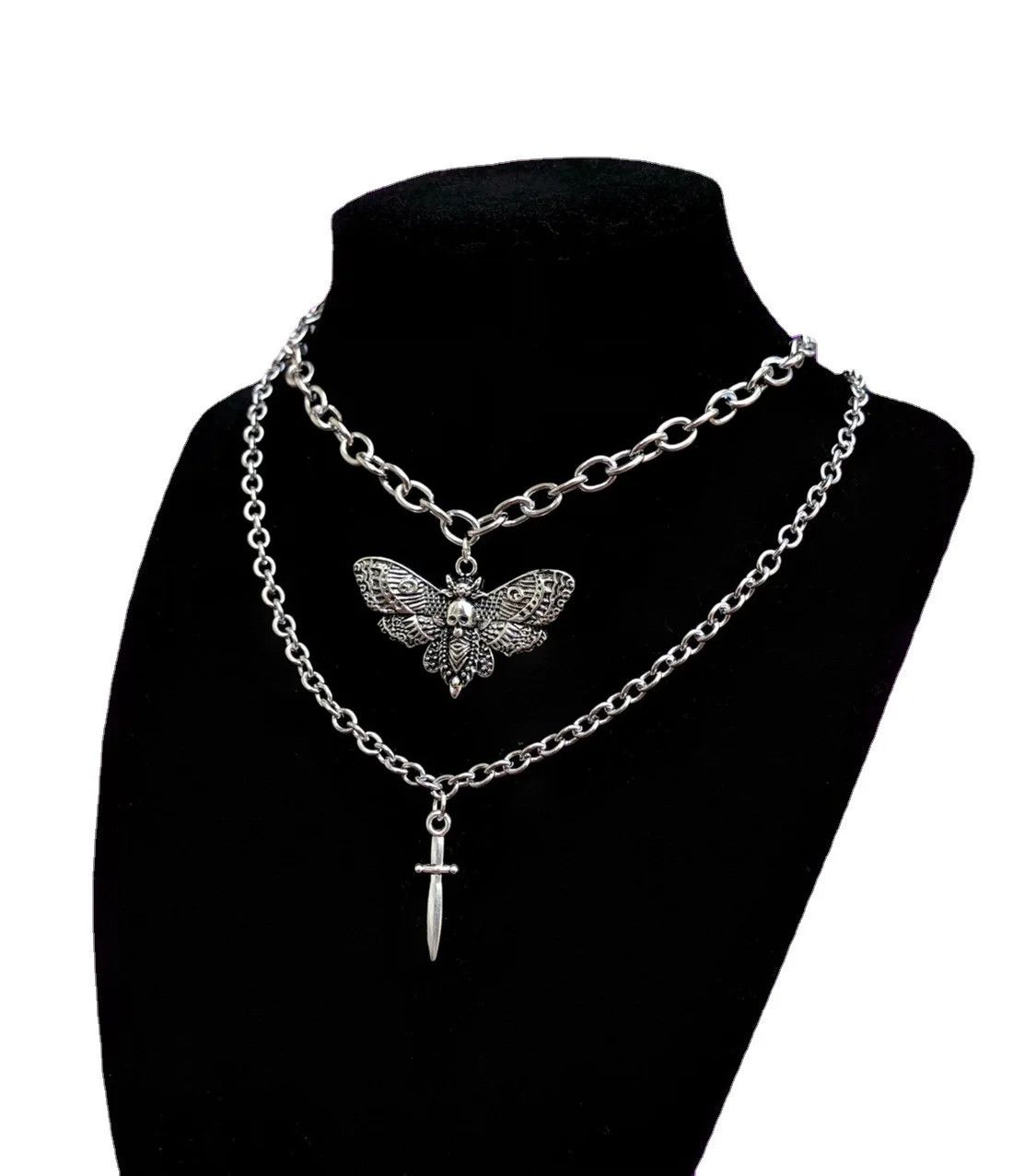 Jewelry Gothic Skull Moth Sword Pendant Necklace Size ONE SIZE - 2 Thumbnail