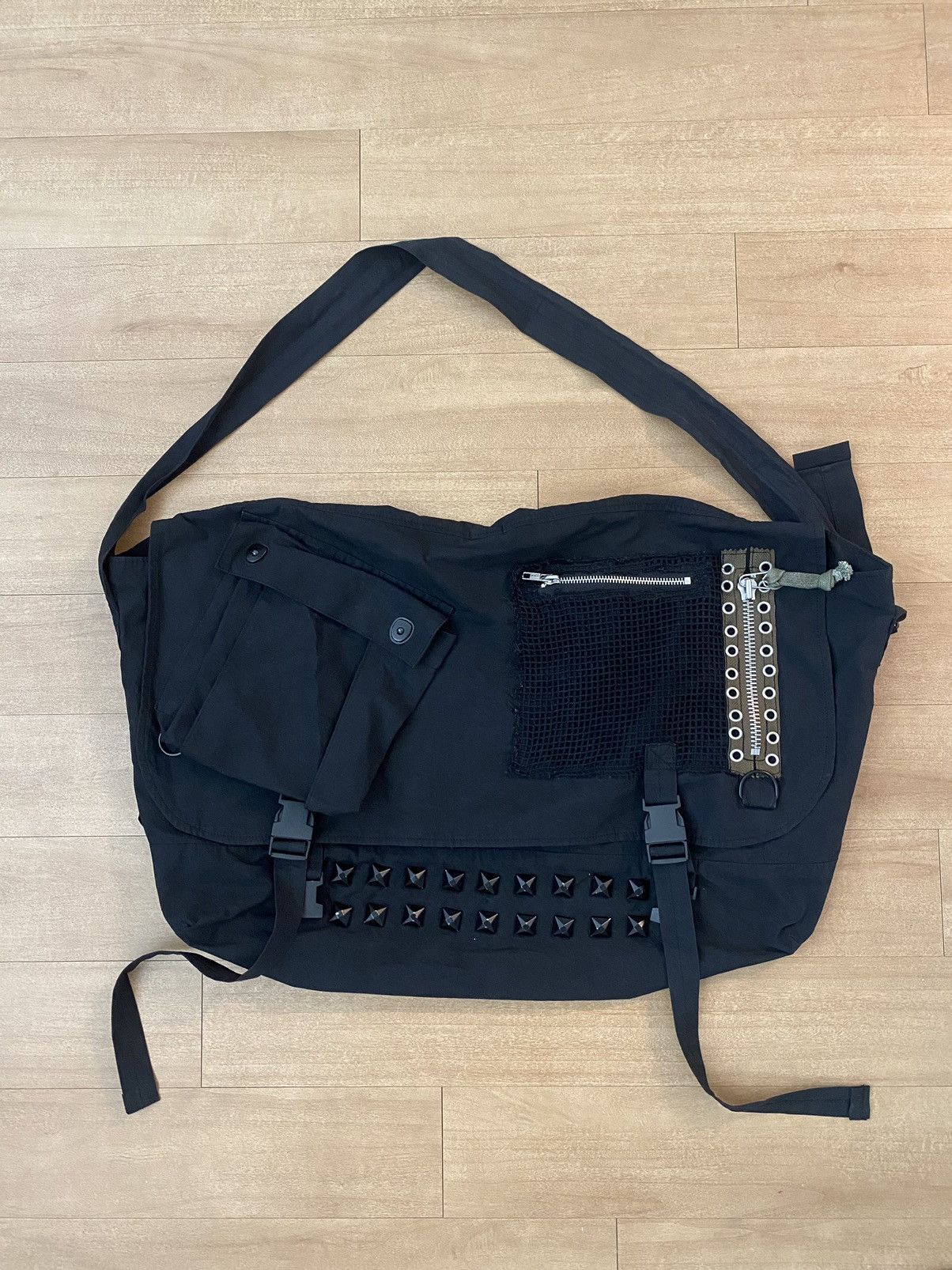 image of Undercover Ss06 “T” Studded Shoulder Bag in Black, Men's