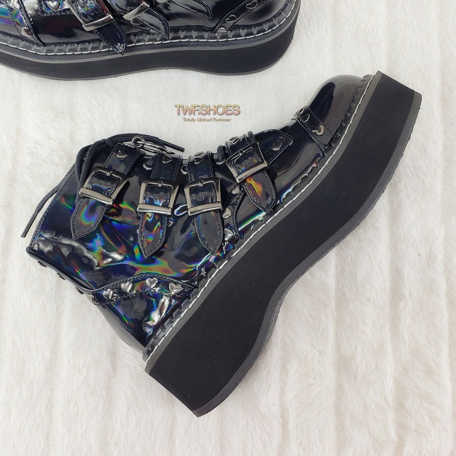 Demonia Cult DEMONIA Emily 315 Black Holo Patent Heart Stud Platform Ankl Size US 6 / IT 36 - 8 Thumbnail