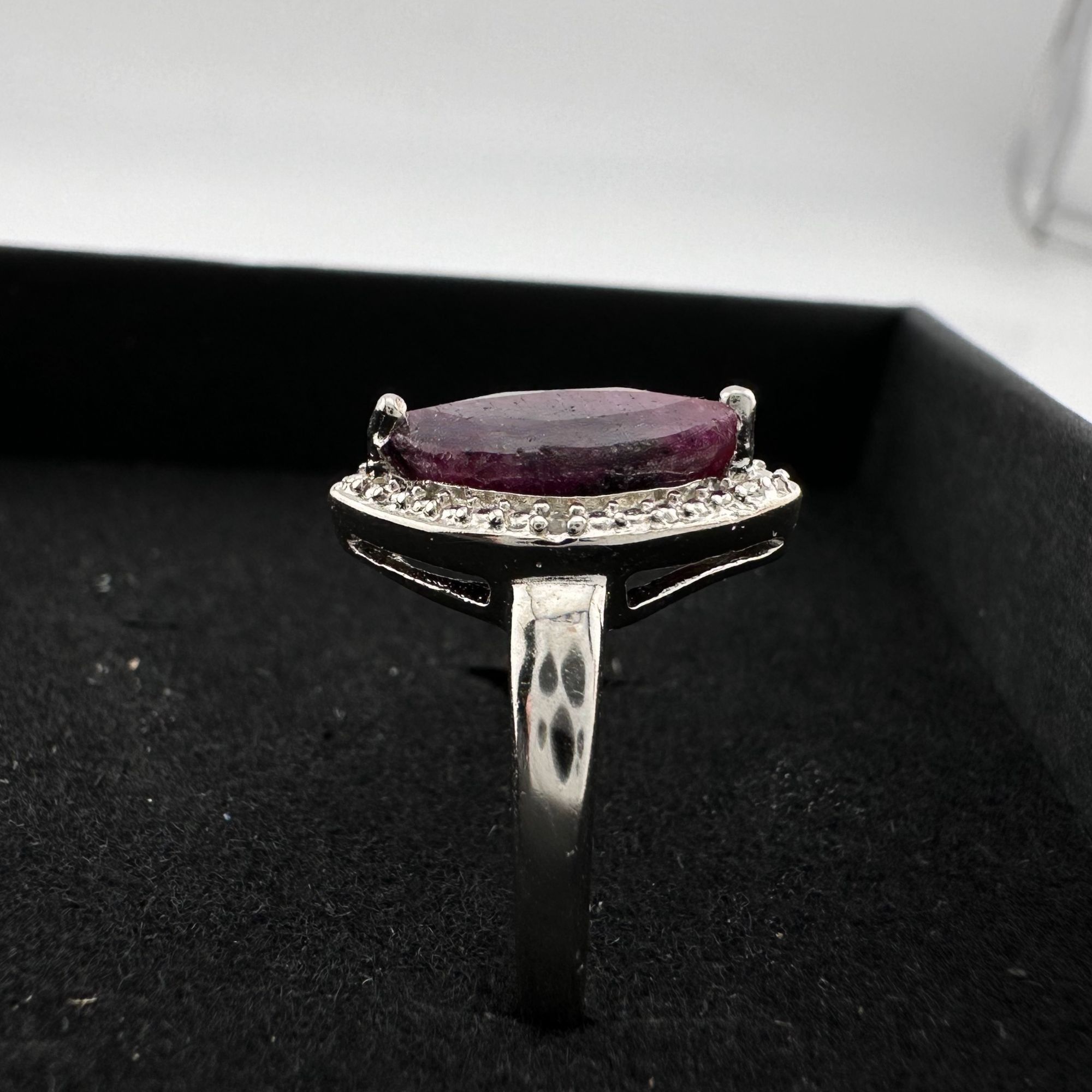 Marquise Cut Garnet & Diamond Ring - Sterling Silver - Sz 7