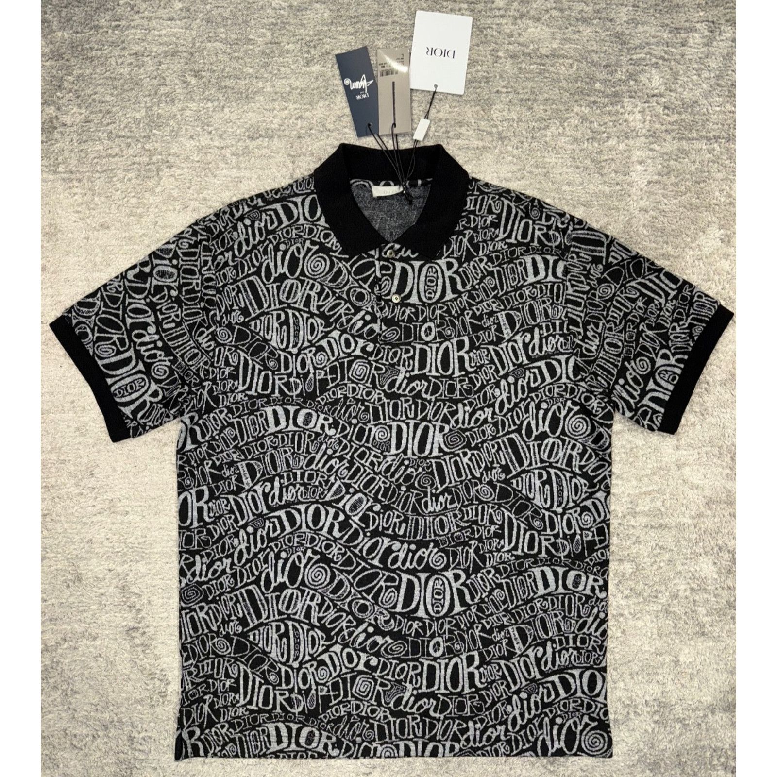 Dior Shawn Stussy Black Grey Swirl Graffiti Collared Polo