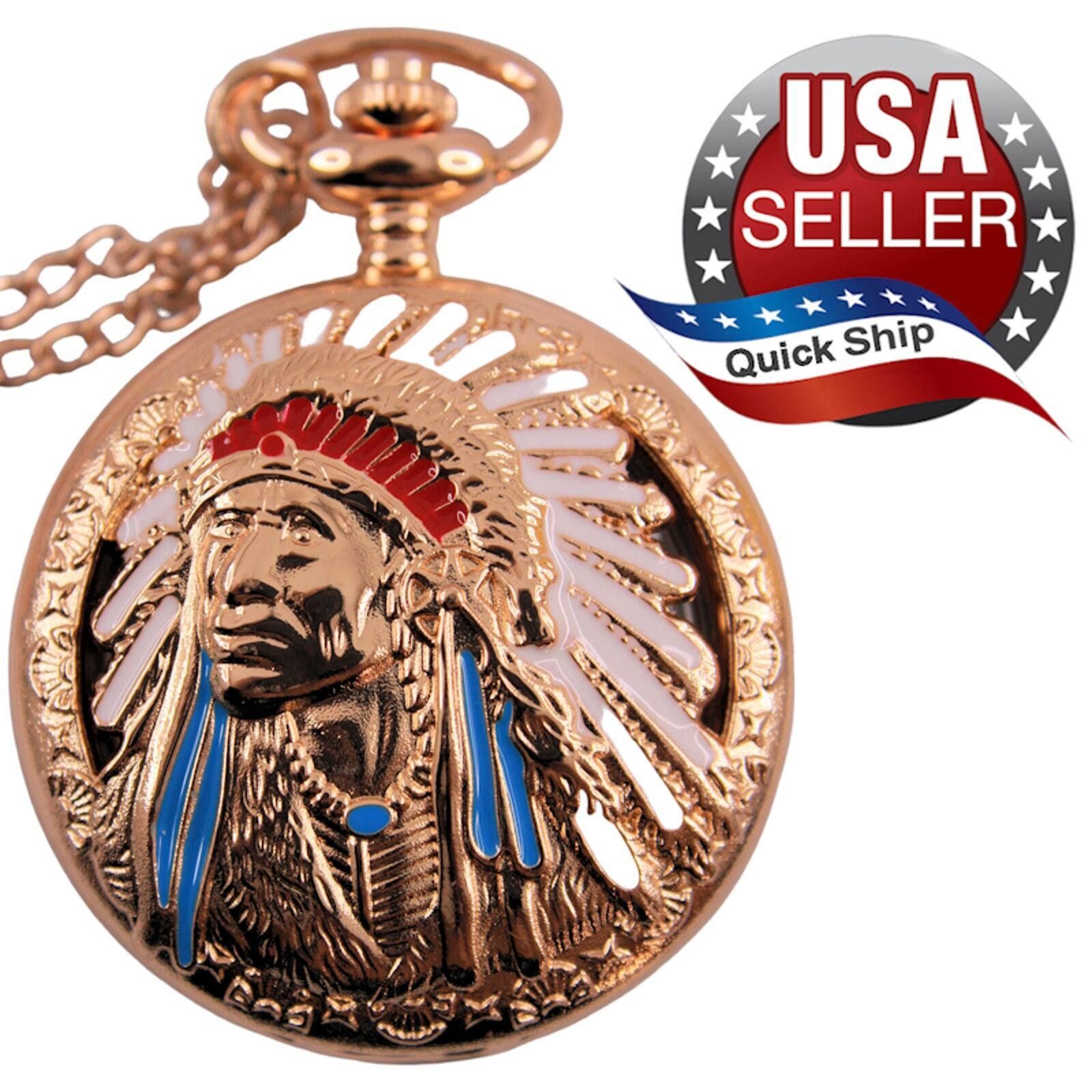 Other Native American Indian Chief Pocket Watch w/Chain Enameled Size ONE SIZE - 1 Thumbnail