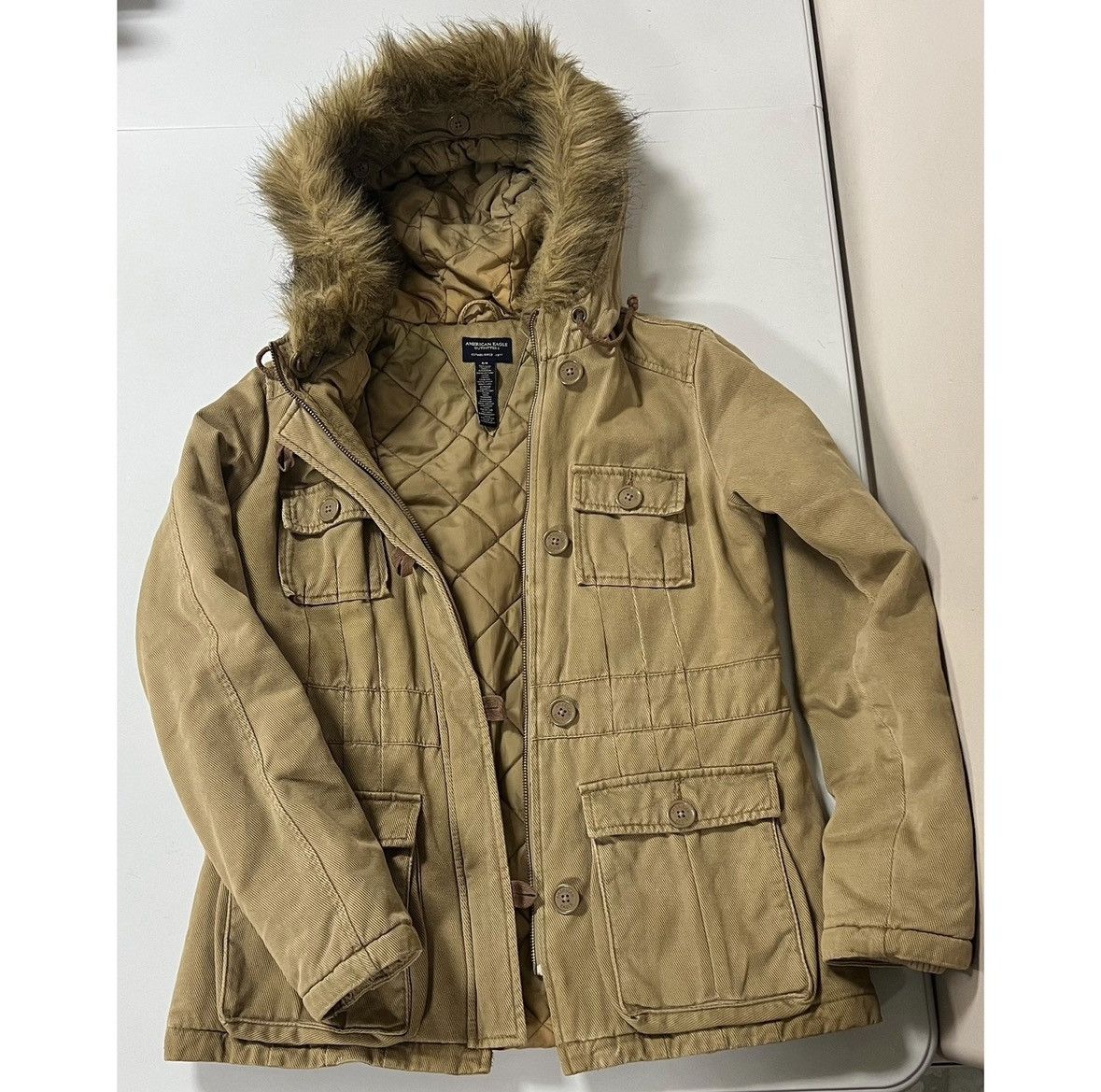 American Eagle Outfitters Brown Beige Fur Cargo Winter Jacket Coat Outerwear Size S ✨ Size S / US 4 / IT 40 - 4 Thumbnail