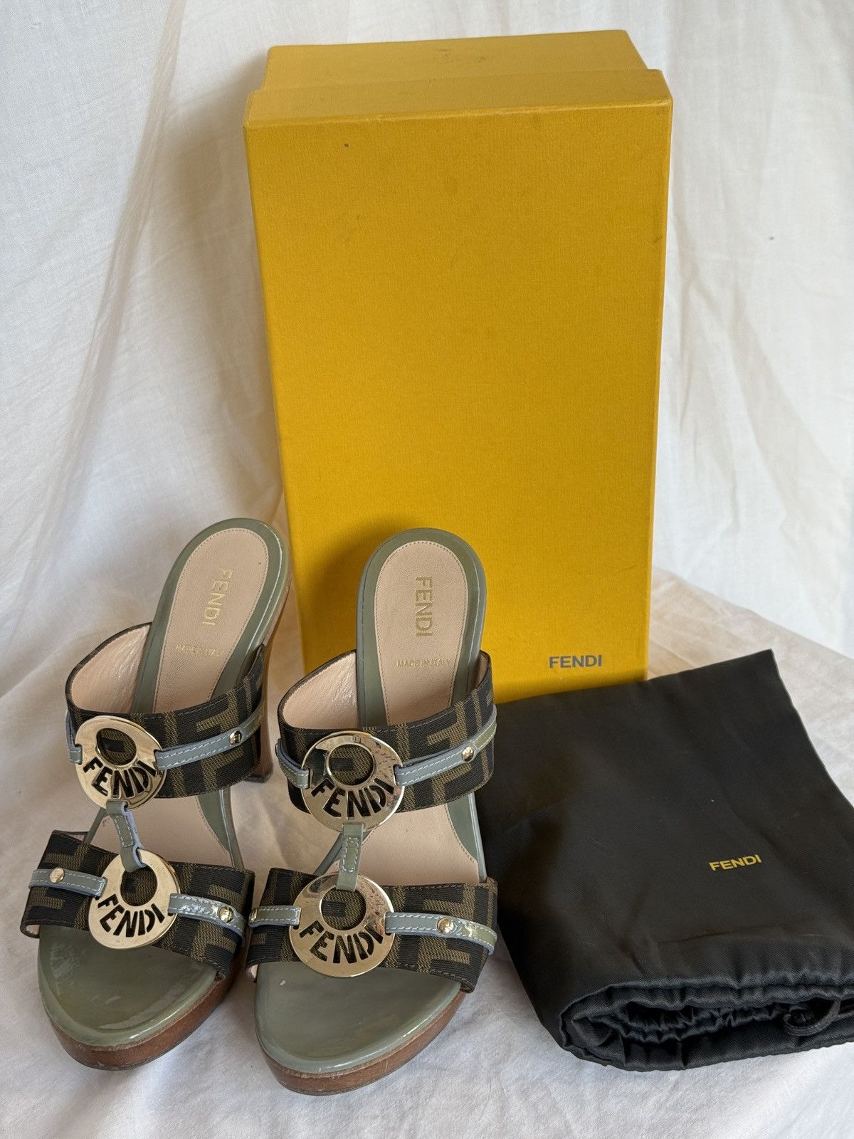 Fendi Fendi Tobacco Canvas Leather Trim Logo Wooden Mules Clogs Size US 7 / IT 37 - 1 Thumbnail