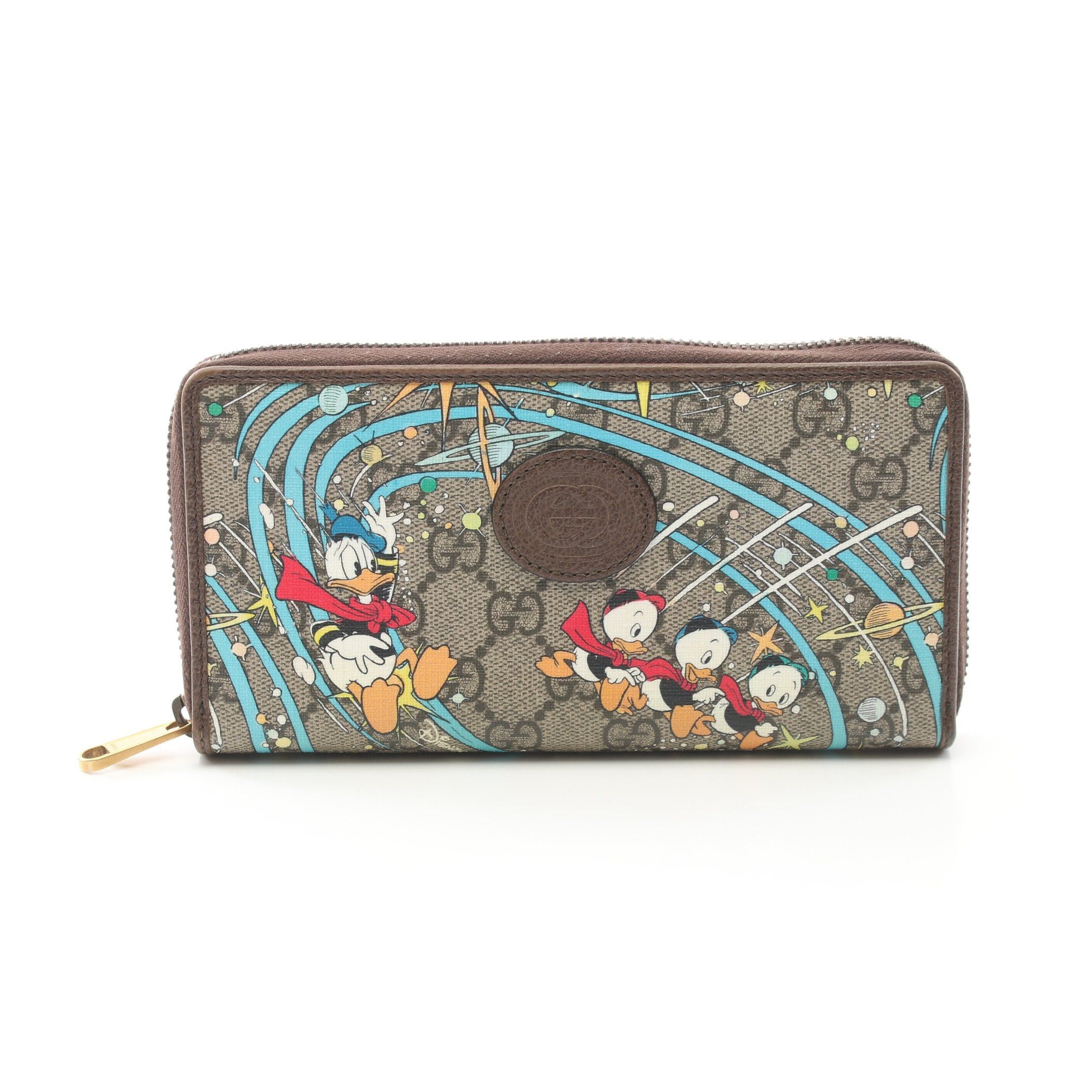Gucci Gucci * Disney Donald Duck Gg Supreme Round Zipper Long Wallet Leather Beige Multicolor
