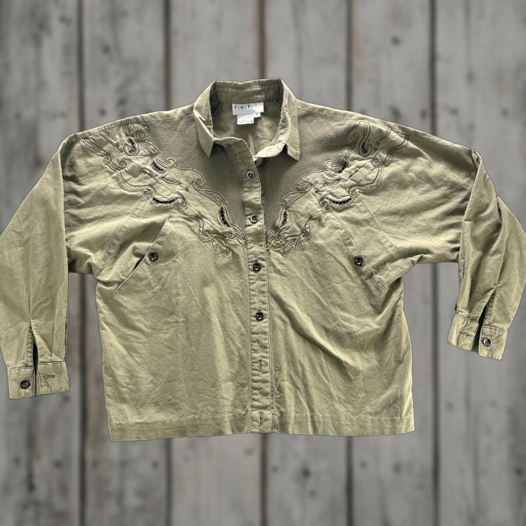 Vintage Vintage Together Shirt Womens Medium Green Embroidered Cutout Button Front 90s Size M / US 6-8 / IT 42-44 - 1 Thumbnail