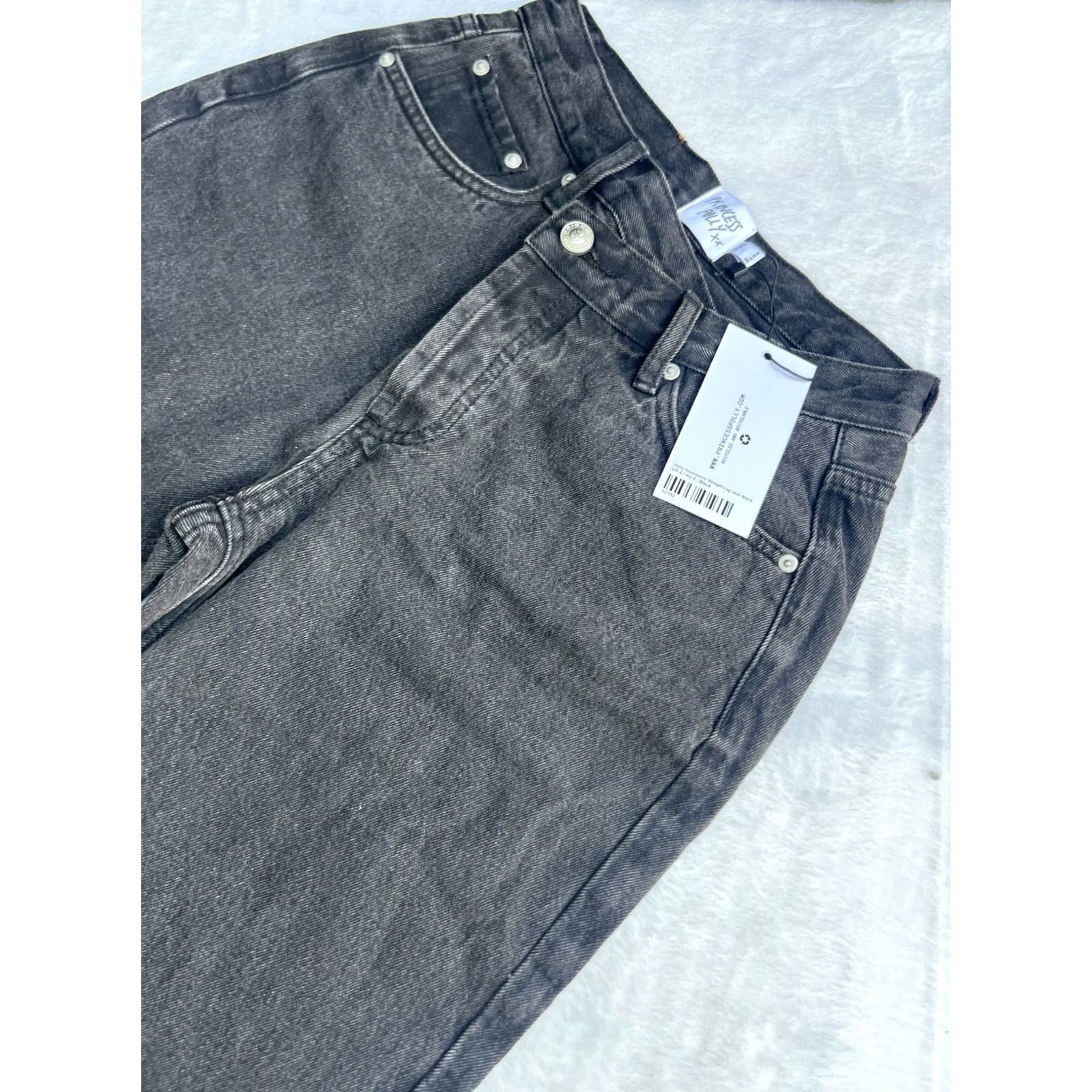 PRINCESS POLLY NWT Princess Polly Women's Black Asymmetrical Jeans Size 4 Straight Denim 29.5in Inseam Pockets Dark Wash Button Rise Mid Black - Womens Size 27" / US 4 / IT 40 - 2 Thumbnail