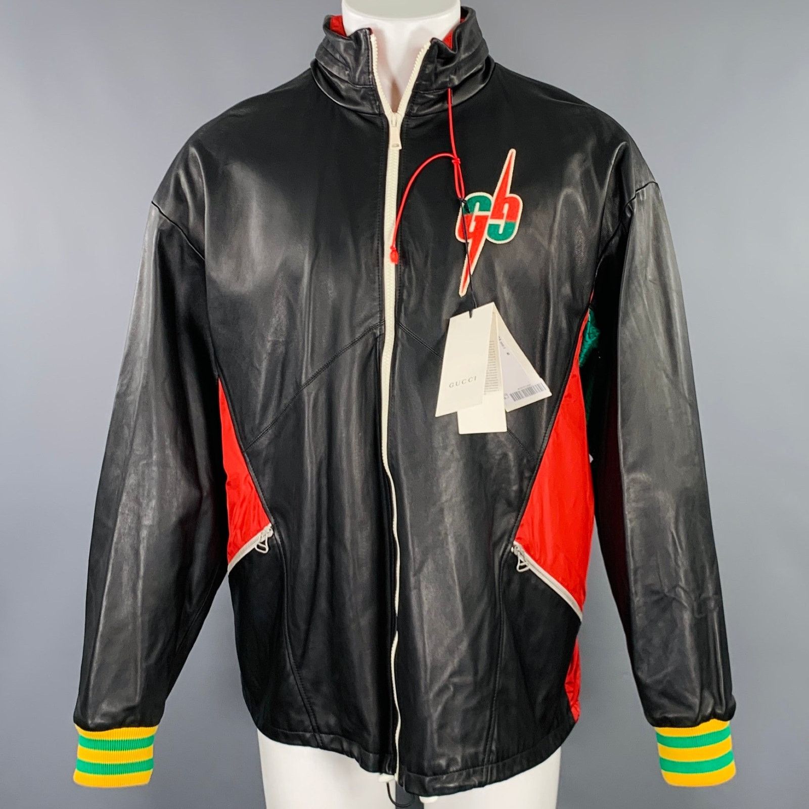 36 Black Red Color Block Lambskin Leather Varsity Jacket