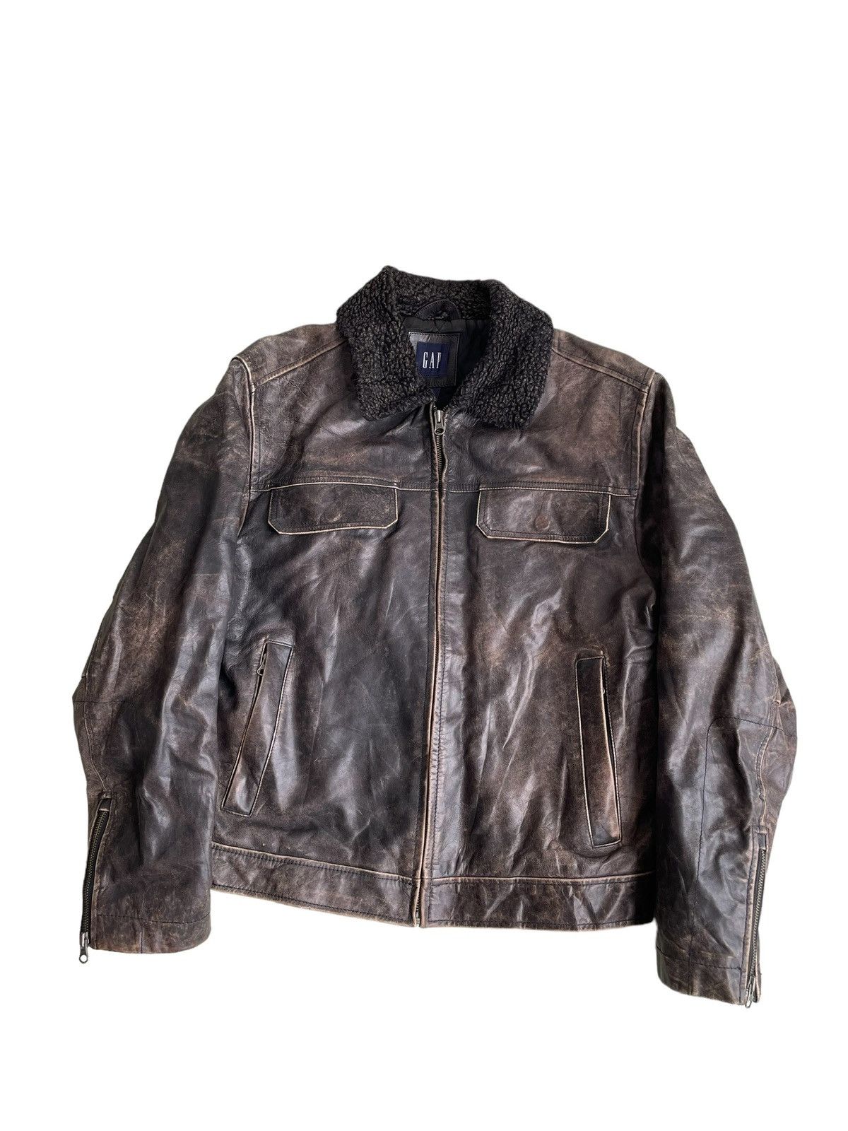 Gap 1990s GAP 🇺🇸 Fur Neck Leather Biker Jacket Size US M / EU 48-50 / 2 - 7 Thumbnail