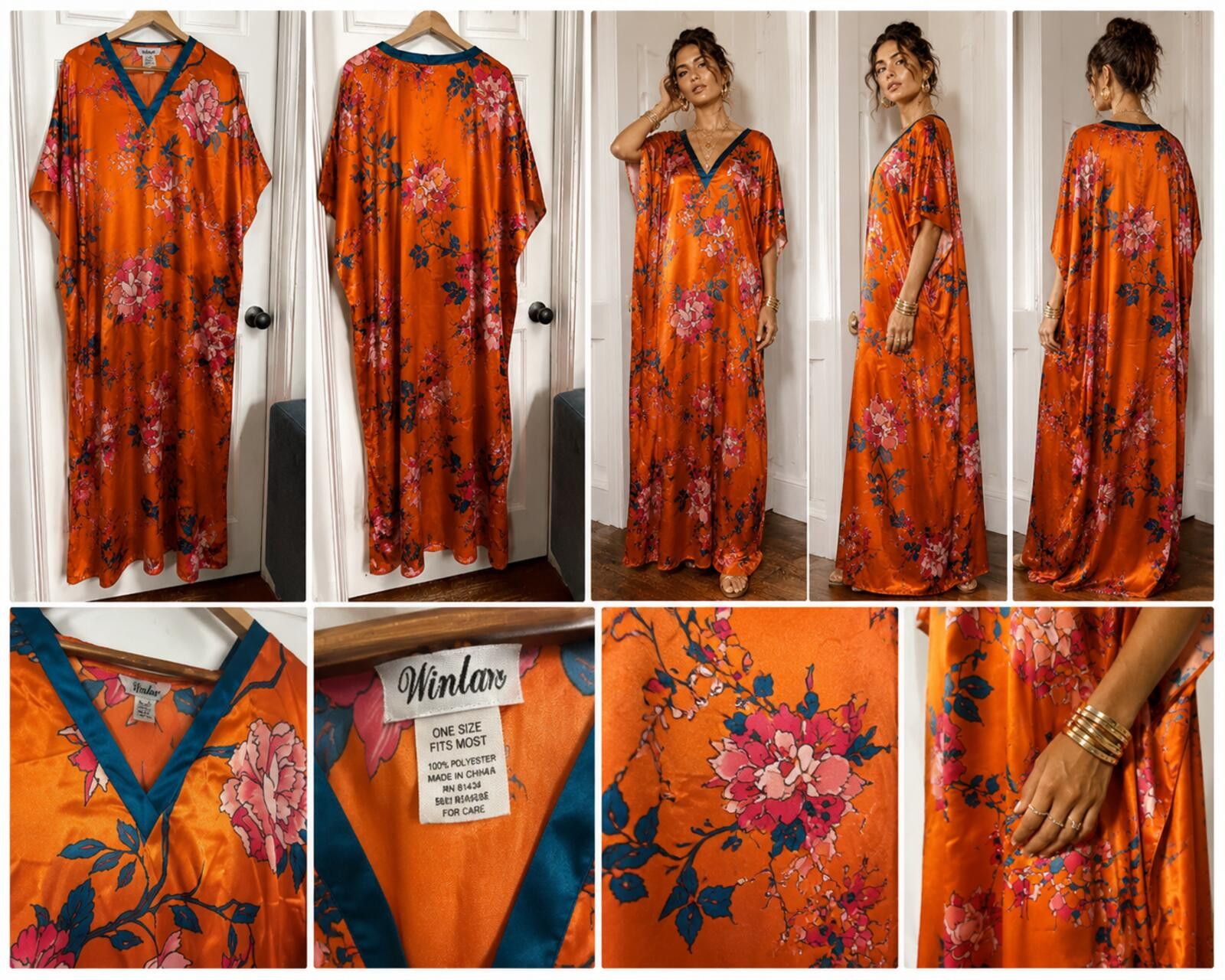 Other Orange Satin Floral Caftan Maxi Dress OS Size ONE SIZE - 2 Thumbnail