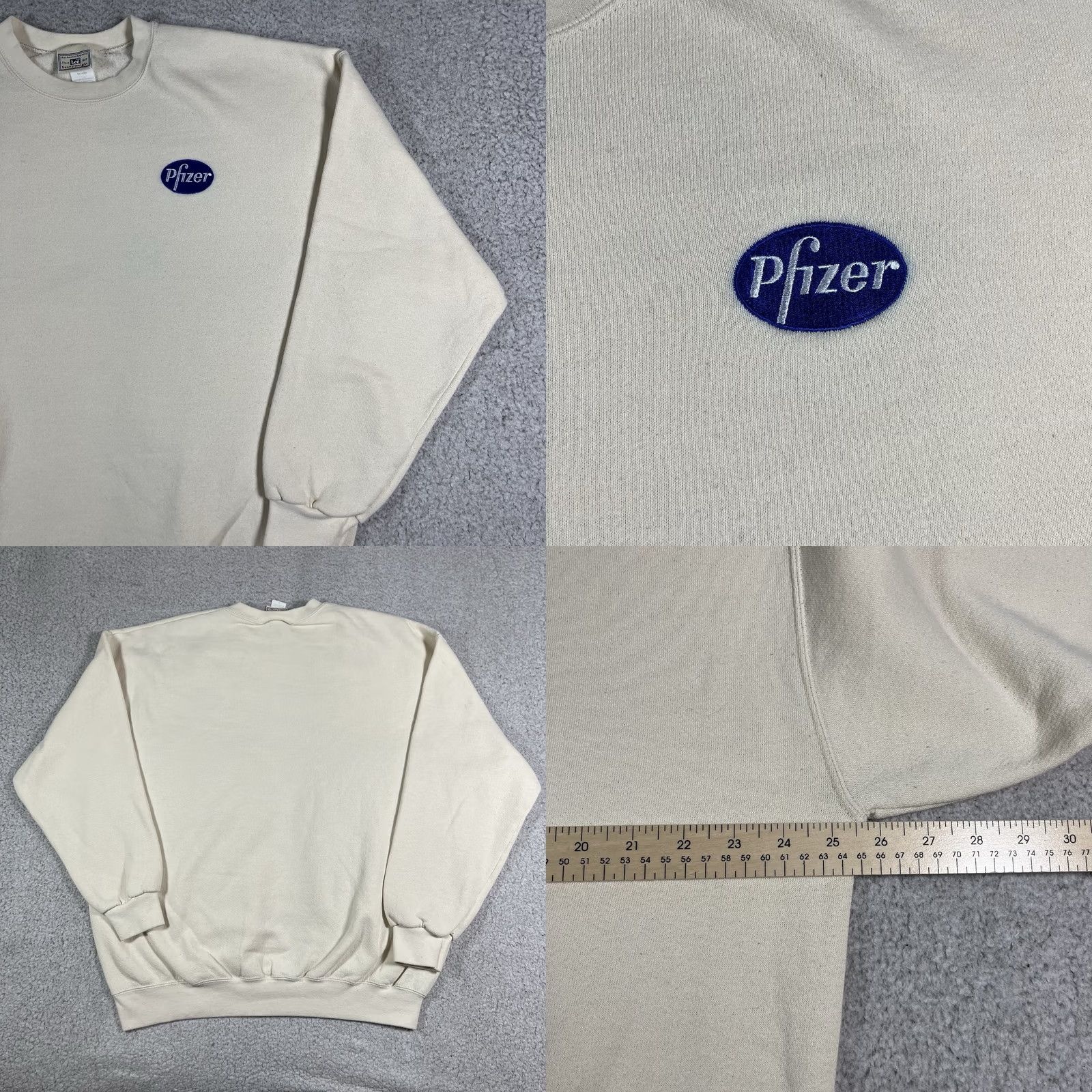 Lee VINTAGE Pfizer Sweatshirt Mens XL Cream Pullover Crewneck Logo Embroidered 80s 90s Retro USA Winter Fall Spring Baggy Regular Mens Size US XL / EU 56 / 4 - 8 Thumbnail