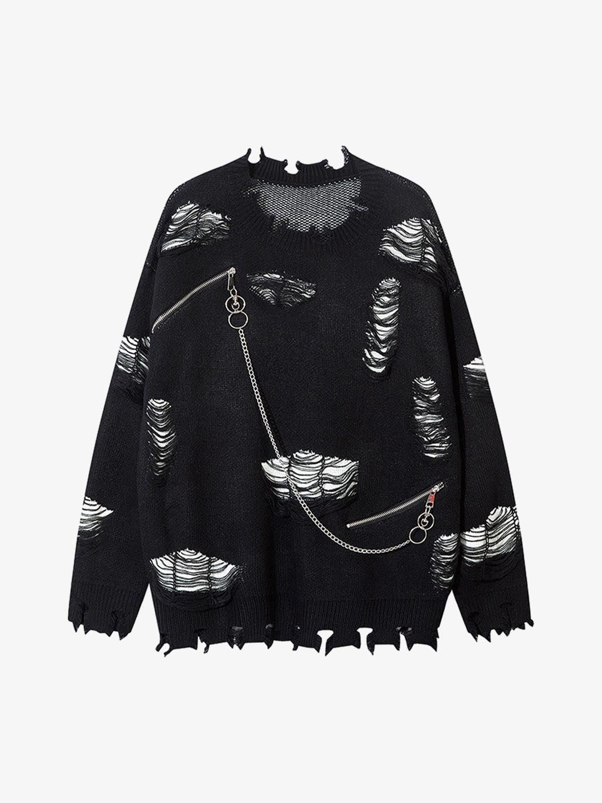 Black Distressed Oversized Knit Sweater, Grunge Pullover