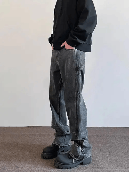 High street zip-up distressed cargo micro flared jeans