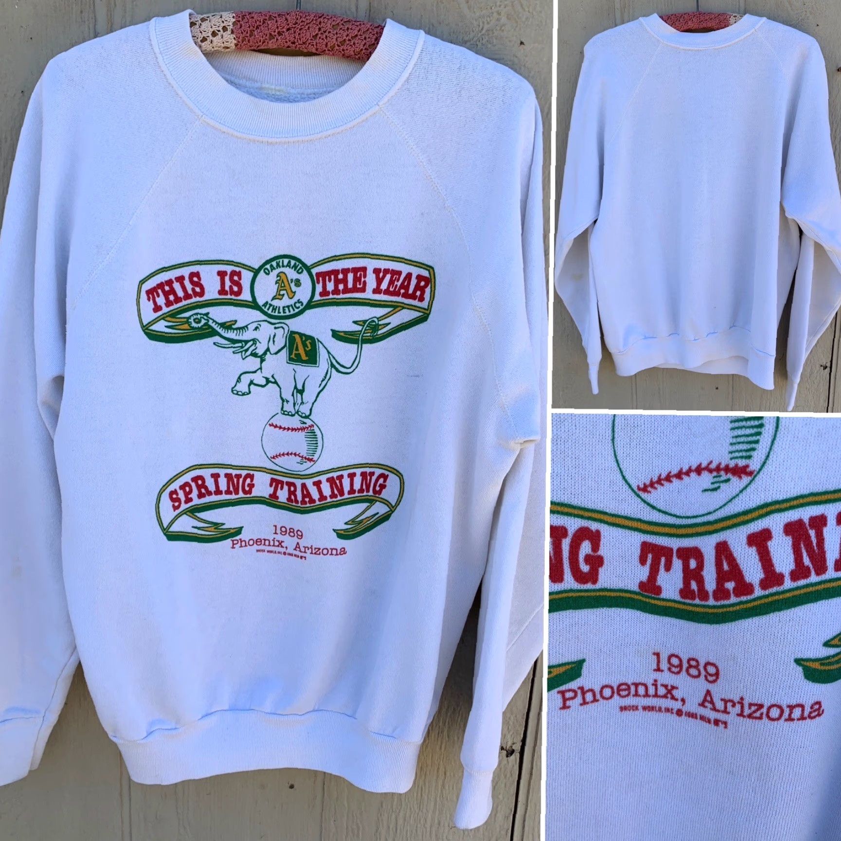Vintage VINTAGE Oakland Athletics Oakland A’s Spring Training 1989 Raglan Sweatshirt XL White Mens Pullover Raglan 80s Baseball Baseball Sweatshirt Size US XL / EU 56 / 4 - 2 Thumbnail