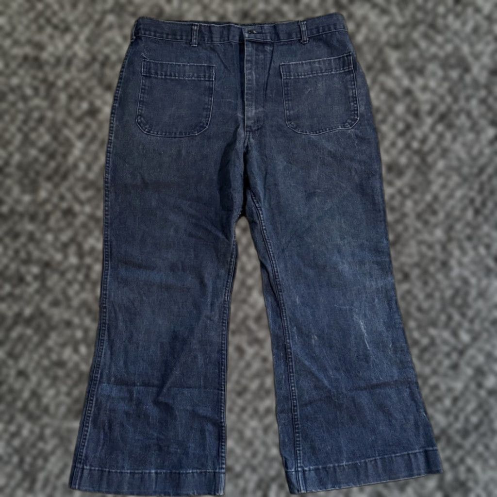 Vintage VTG 80s Seafarer US Navy Denim Utility Trousers Jeans Men’s Flare Bottom 33x26 Size US 33 - 1 Thumbnail