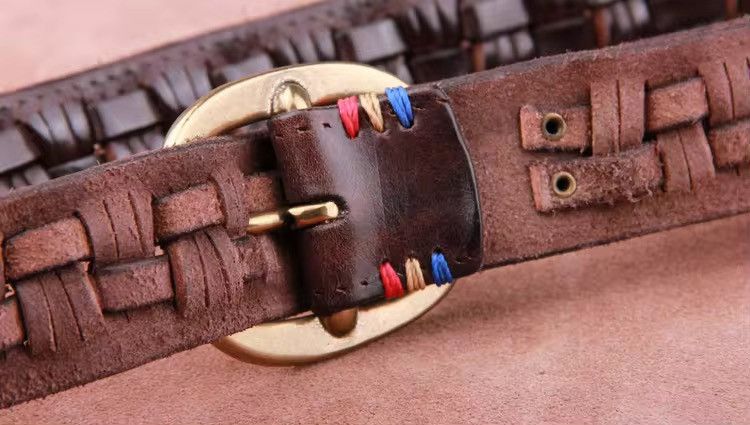 Leather × Vintage Handmade Leather Weave Copper Buckle Men's Belt Size ONE SIZE - 6 Thumbnail