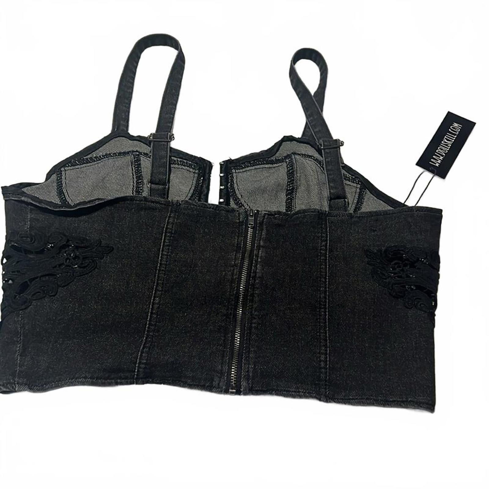 Designer Boho harmony corset crop top denim lace vintage lace crochet Size XXL / US 16-18 / IT 52-54 - 5 Thumbnail