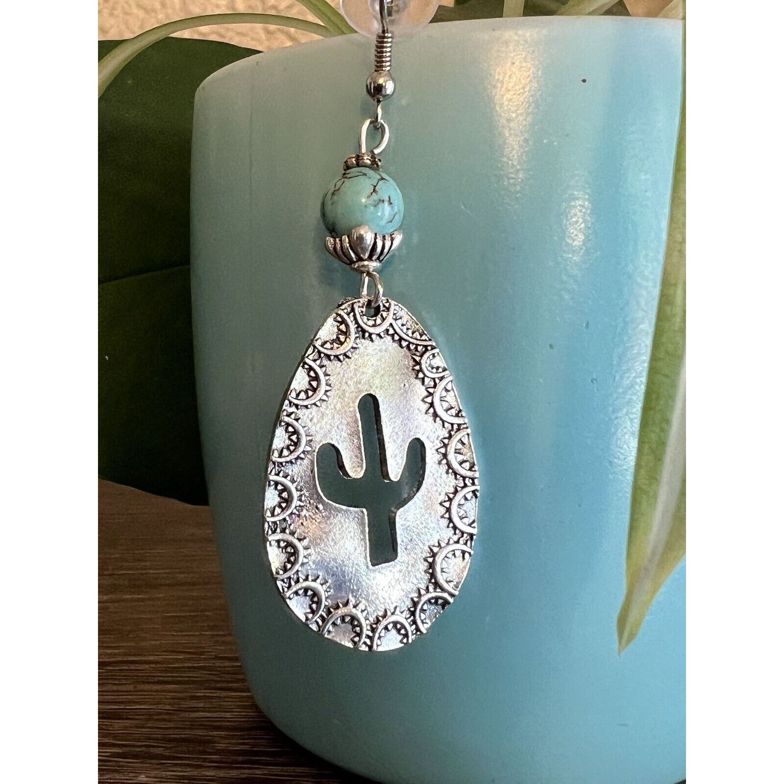 Other Silver Tone Earring with Turquoise Bead Teardrop with Cactus Size ONE SIZE - 2 Thumbnail