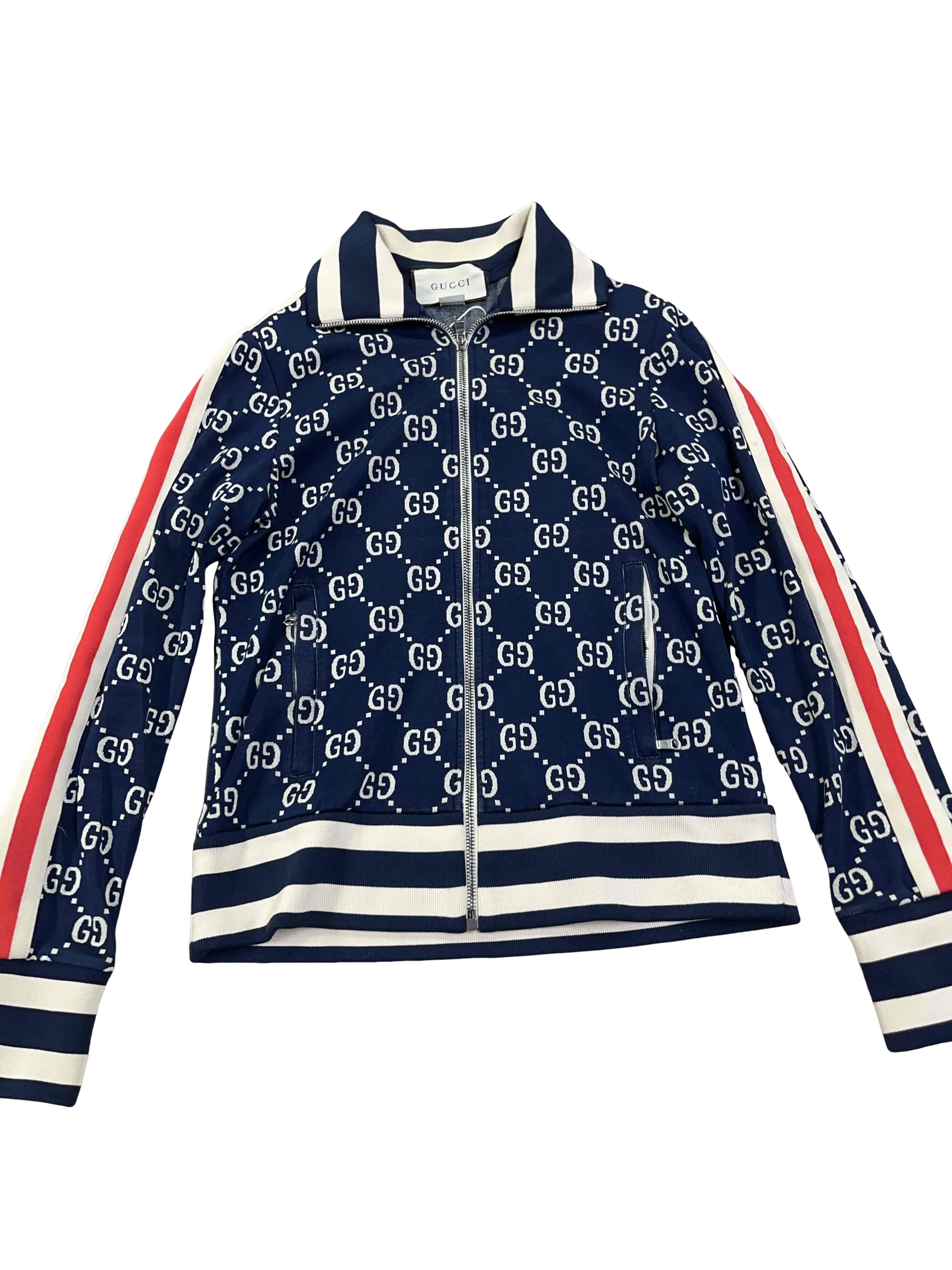 Gucci GUCCI Web Logo Navy Blue Jersey Track Zip-Up Jacket | Grailed
