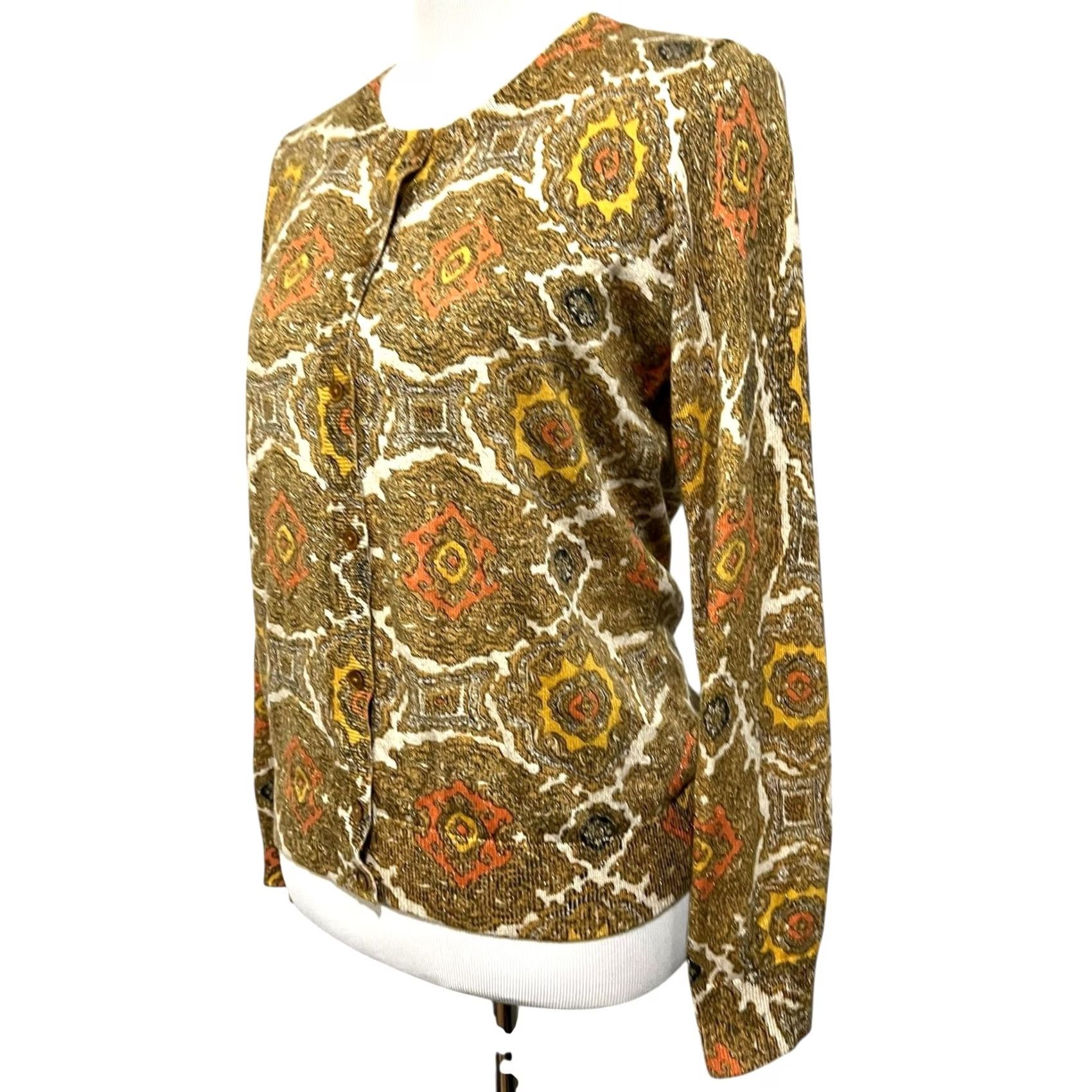 Talbots Talbots Cardigan Sweater Medallion Metallic Tapestry Print Lightweight Gold Sz M Womens Knit Crew Neck Long Sleeve Size M / US 6-8 / IT 42-44 - 2 Thumbnail