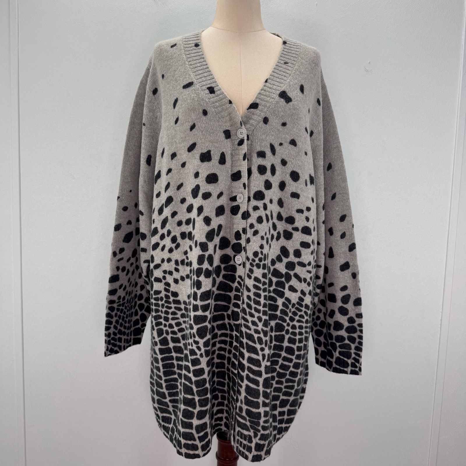 Marina Rinaldi Marina Rinaldi Grey Leopard Wool Blend Cardigan Sweater XL Size 3XL / US 20-22 - 1 Thumbnail