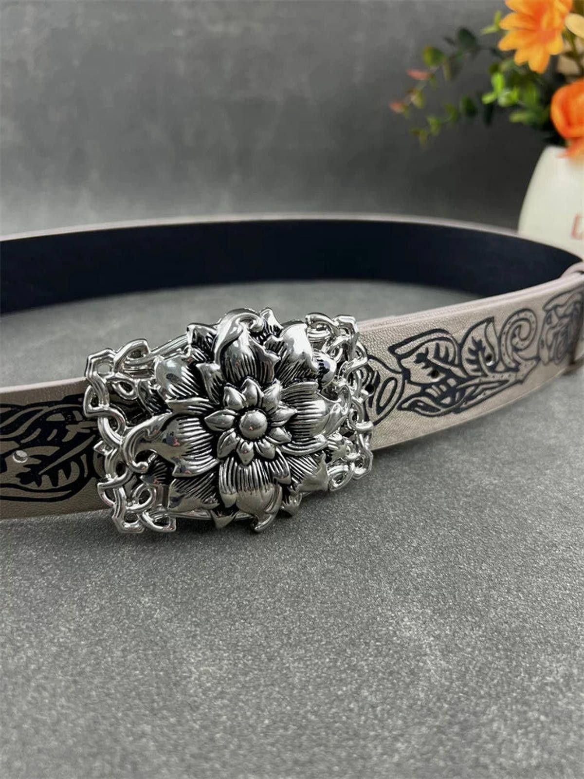 Leather Floral-Embossed Silver Buckle Belt Size ONE SIZE - 2 Thumbnail