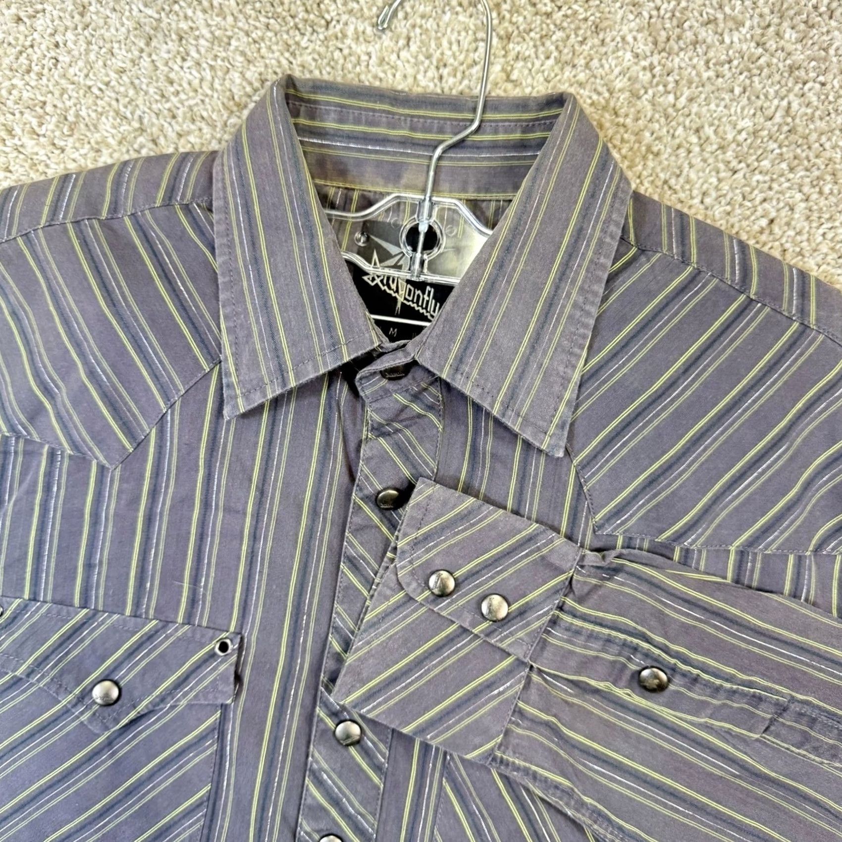 Dragonfly Western Shirt Mens Medium Grey Purple Lime Striped Snap Front Euc, Men's — image 2 of 6