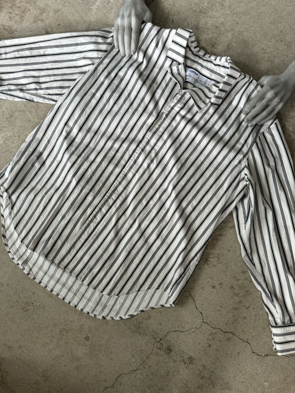 image of C2H4 Oversized Futuristic Striped Button Dress Shirt in White, Men's (Size Medium)