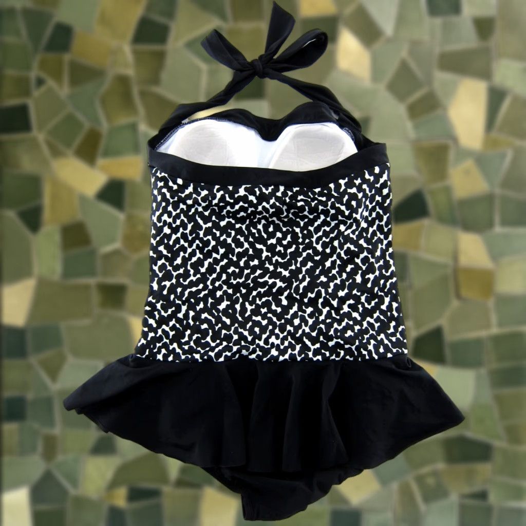 AQUA Aqua Green Black White Polka Dot Slimming One Piece Halter Swimsuit Dress Large Size L / US 10 / IT 46 - 1 Thumbnail