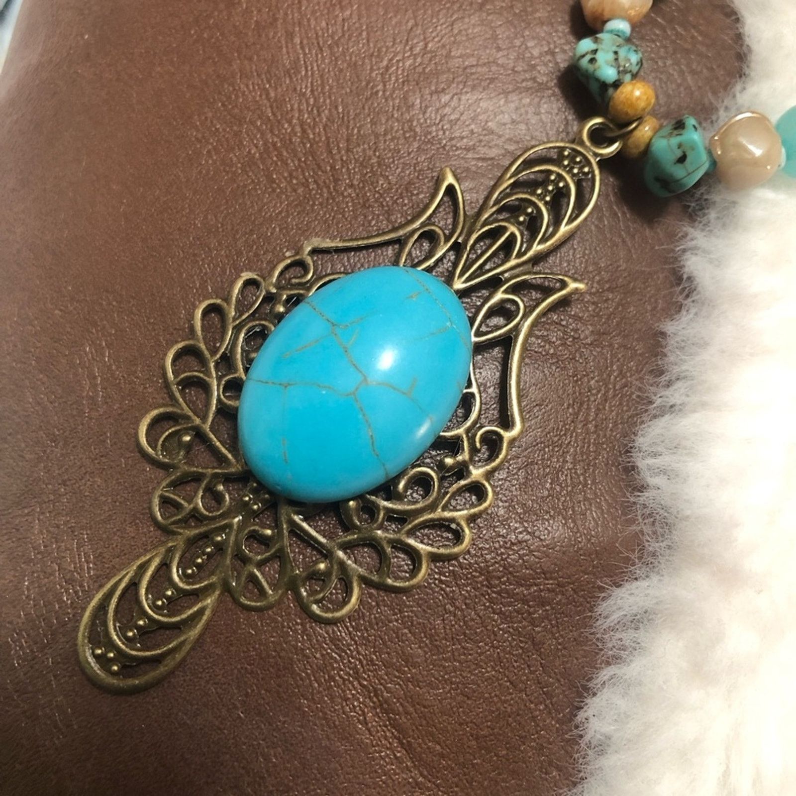 Handmade Handcrafted large howlite filigree pendant beaded necklace Size ONE SIZE - 7 Thumbnail