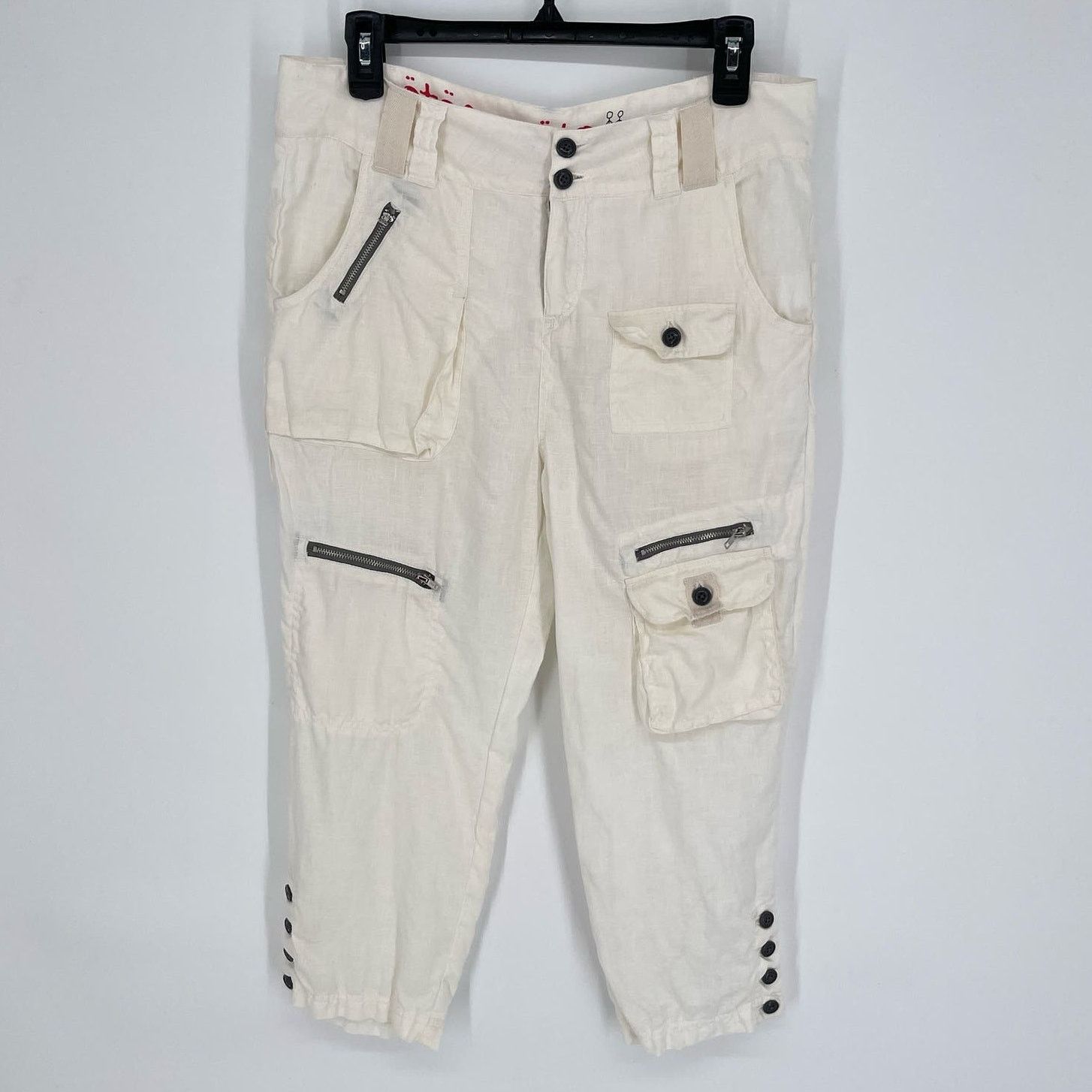 image of Pete & Greta By Johnny Was Linen Cargo Capri Pants Y2K Size 6 in Cream, Women's