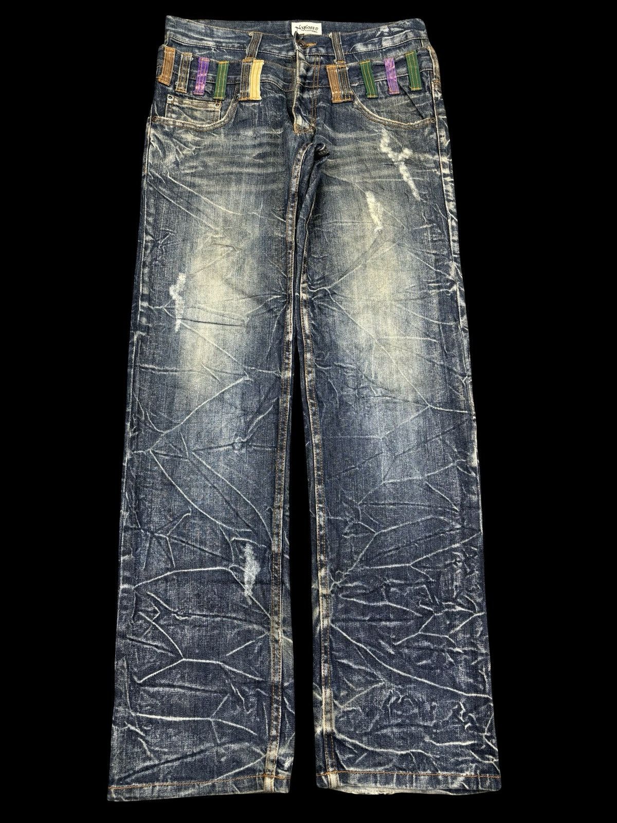 Japanese Brand 💥Double Waist💥Nylaus Thunder Fades Distressed Denim F983 Size US 31 - 1 Thumbnail