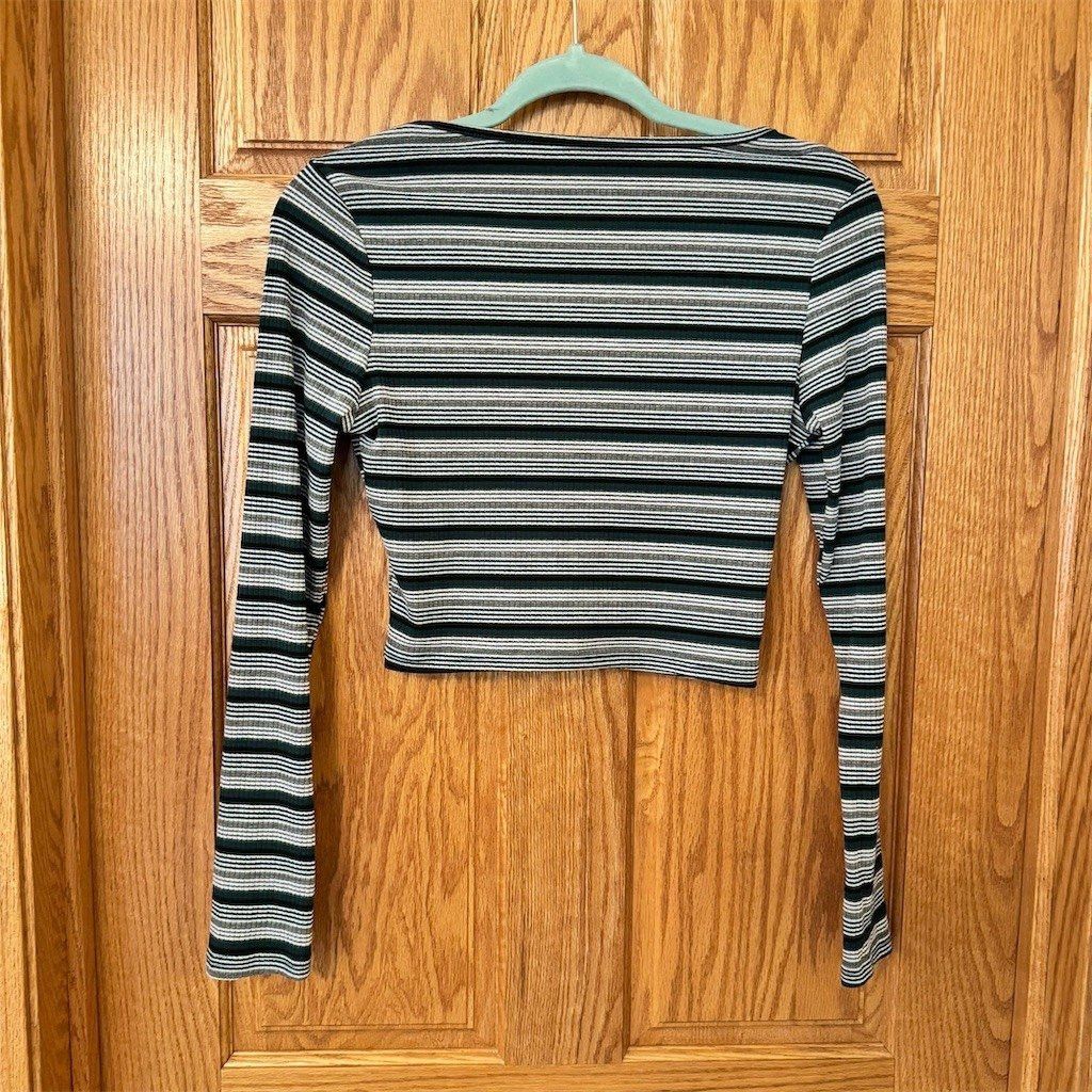 Shein SHEIN Crop Top Womens Size M Green White Black Striped Ribb Size M / US 6-8 / IT 42-44 - 3 Thumbnail
