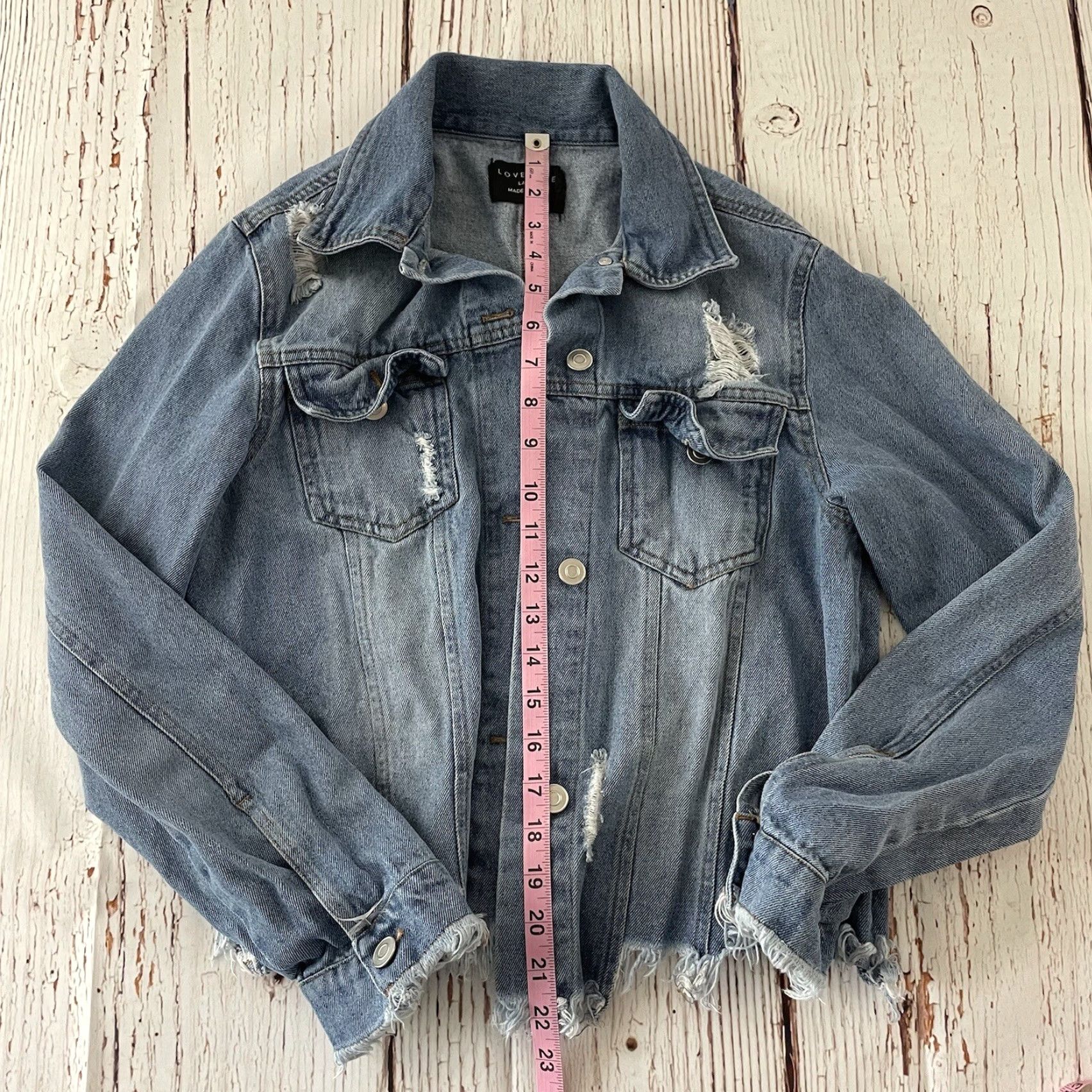 Denime Love Tree Denim Jacket Women's L Blue Distressed Jean Jacket Men? No. Size 36" / US 14 / IT 50 - 3 Thumbnail