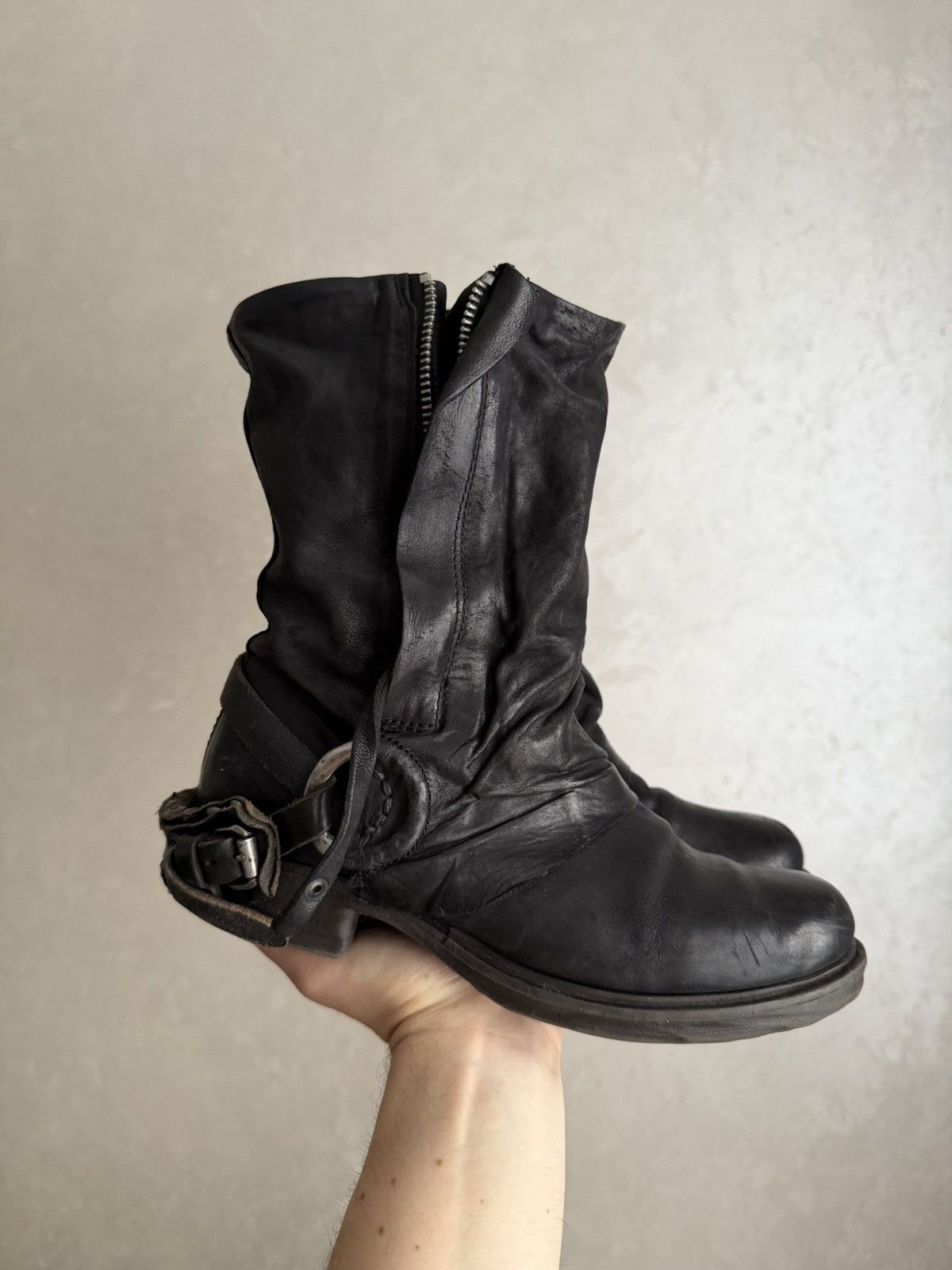 AS 98 Vibe Artisan Black Leather Side Zip Ankle Biker Boots