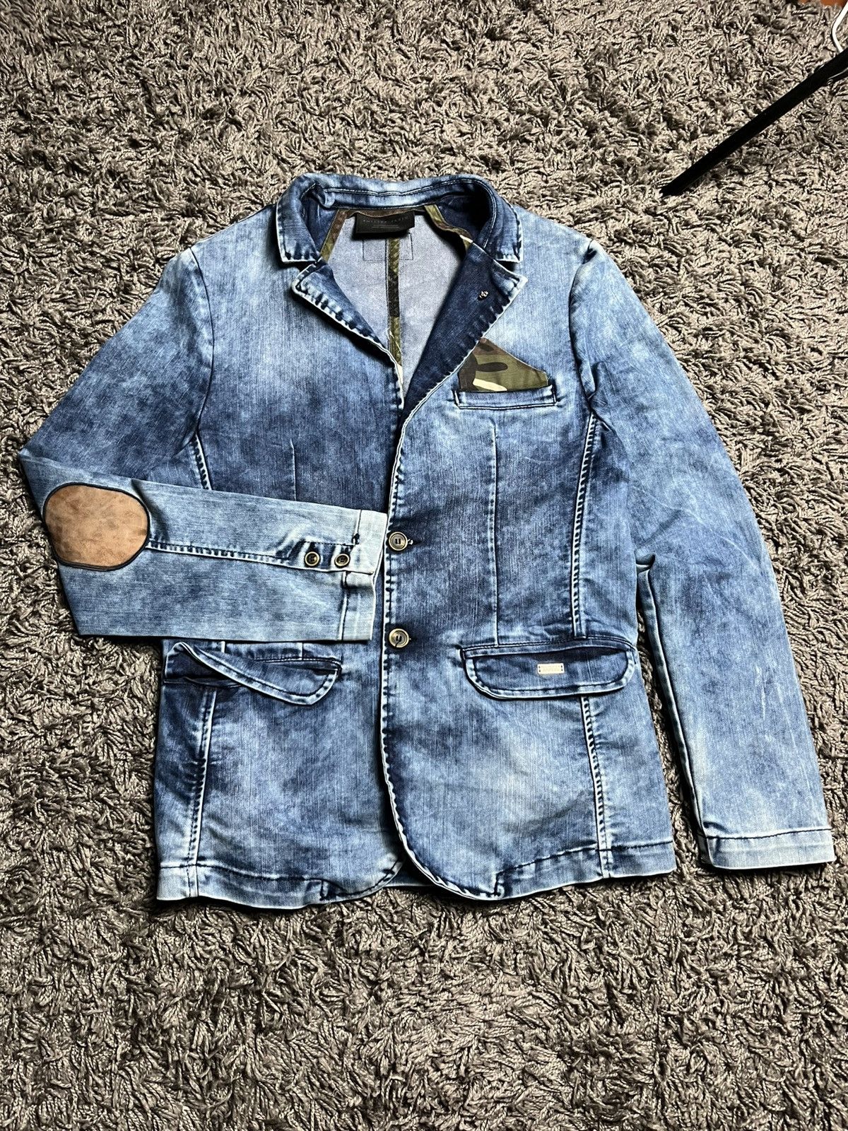 Philipp Plein Philipp Plein Distressed Denim Blazer with Camo Details Size 44S - 2 Thumbnail