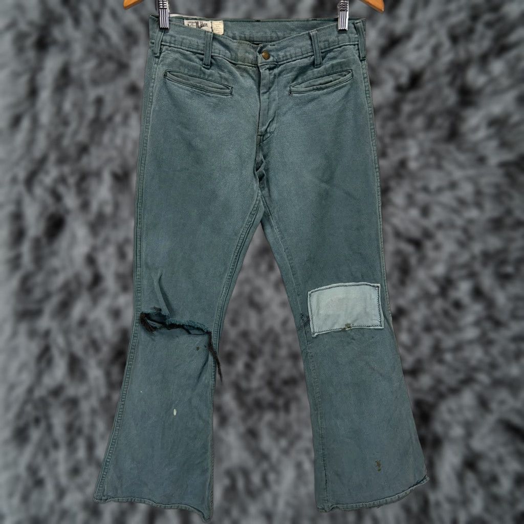 Vtg Landlubber Bell Bottom Pants Jeans Sz 28x32 Teal Distressed Destroyed USA