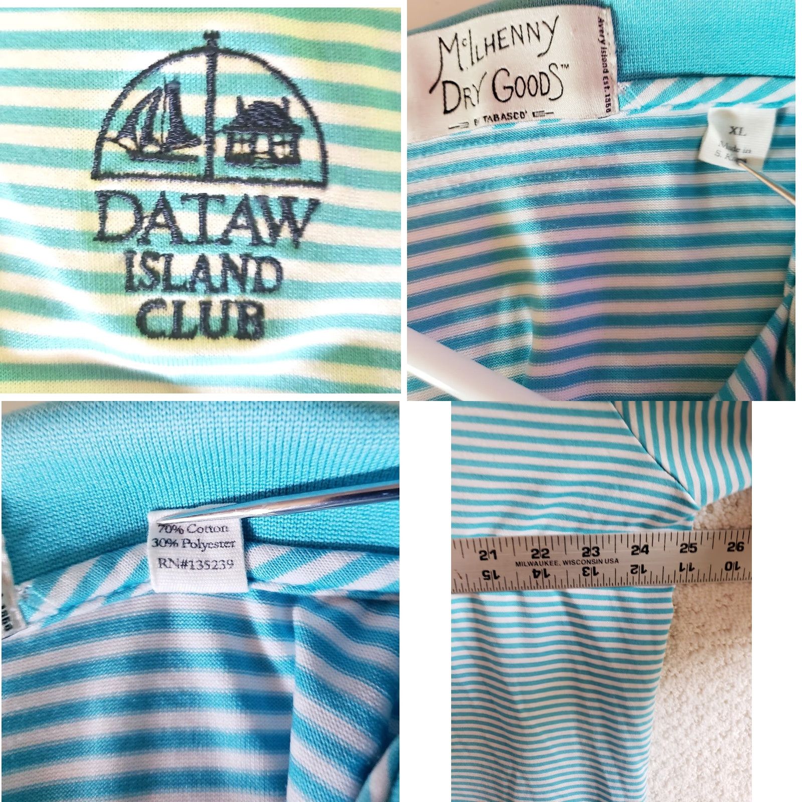 Vintage McIlhenny Dry Goods Polo Shirt Mens XL Blue White Striped 50 Chest Short Sleeve Collared Logo Trim Golf Dataw Island Casual Activewear Shirt Size US XL / EU 56 / 4 - 8 Thumbnail