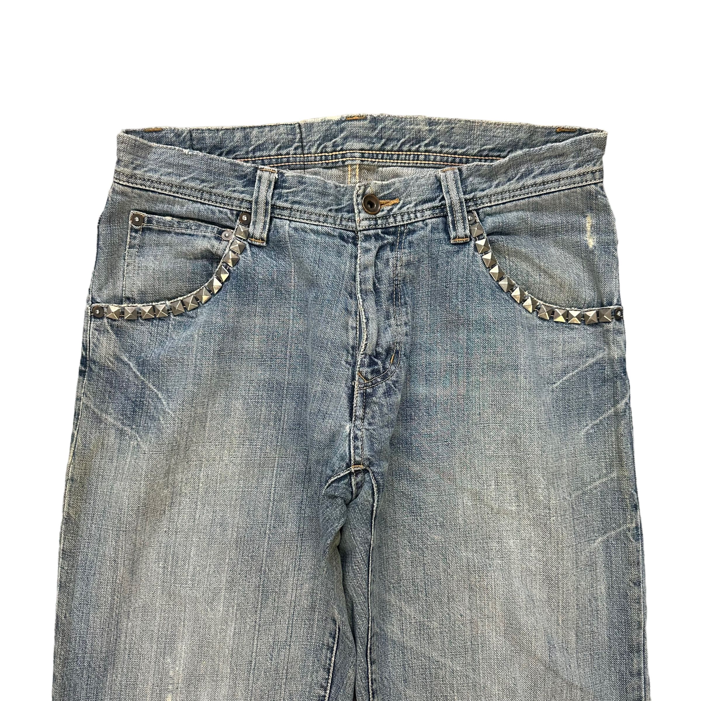 Issey Miyake TRASHED🔥 TETE HOMME LIGHT WASH STUDDED DENIM PANT #7798-176 Size US 31 - 2 Thumbnail
