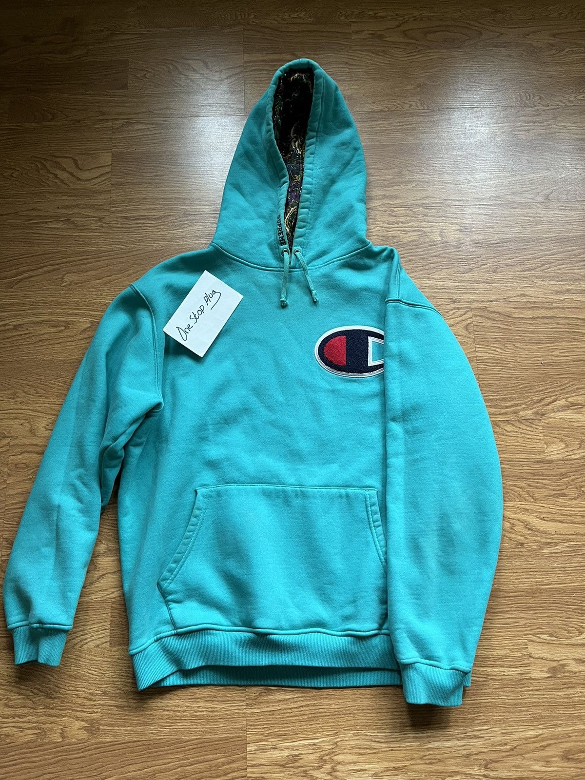 image of Champion x Supreme Paisley Hoodie in Teal, Men's (Size XL)