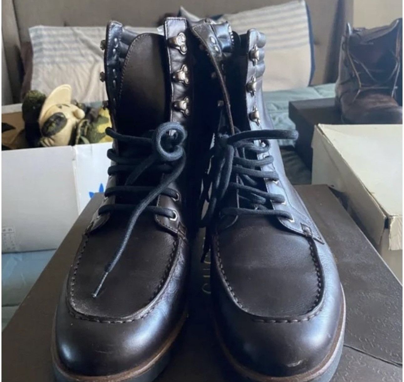 Gucci Gucci Leather Combat Boots w/ Web Stripe & Monogram Sole Size US 8 / EU 41 - 2 Thumbnail