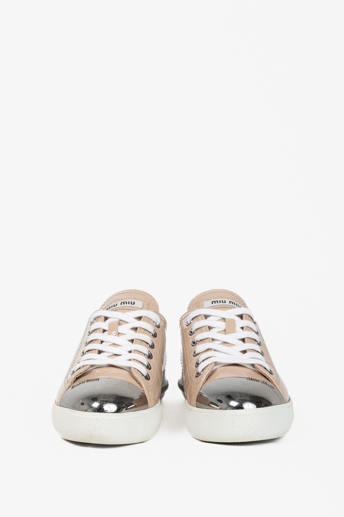 Miu Miu Miu Miu Nude Patent-Leather Cap-Toe Lace-Up Sneakers Size US 4.5 / IT 34.5 - 2 Thumbnail