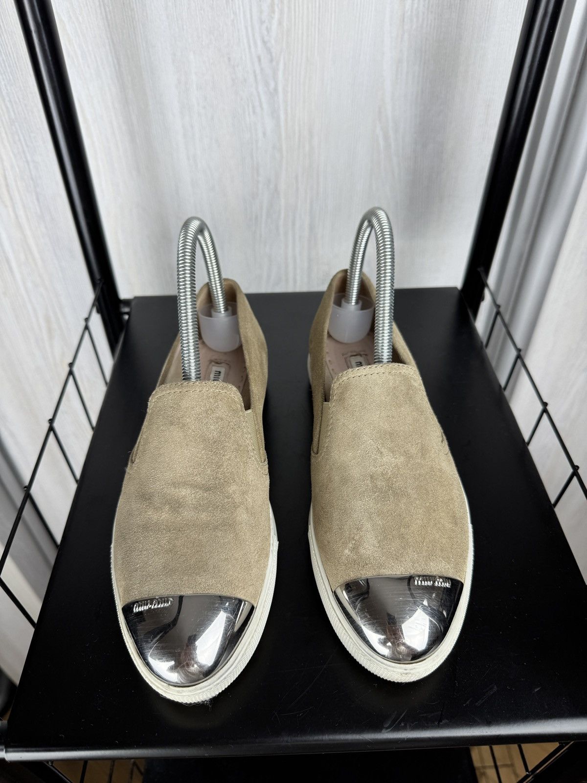 Miu Miu MIU MIU PRADA Beige Suede GRAY TRIM METAL CAP TOE LOAFERS 36 Size US 6 / IT 36 - 6 Thumbnail