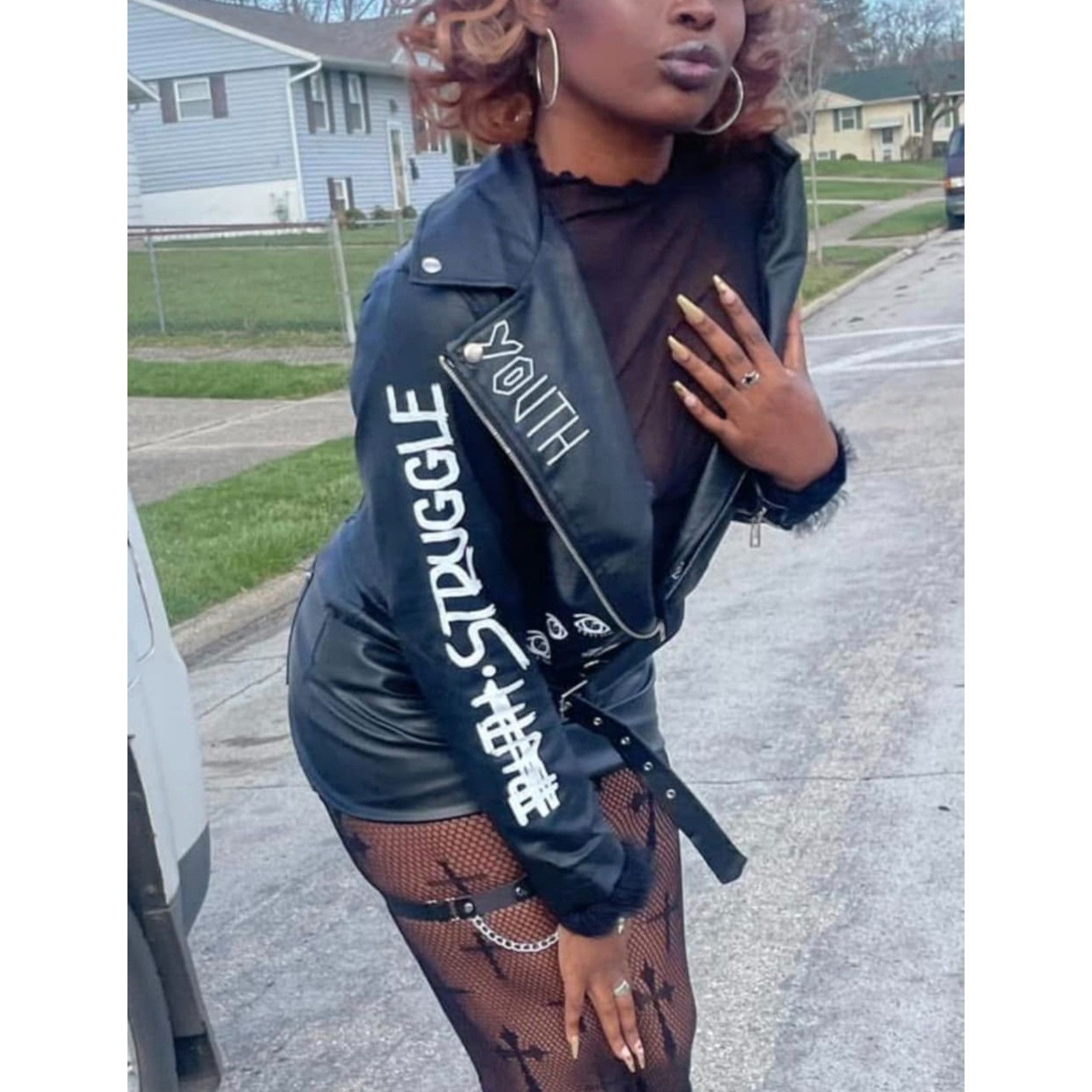 Other Black Punk Rock Graphic Studded Belted Vegan Leather Jacket Size M / US 6-8 / IT 42-44 - 3 Thumbnail