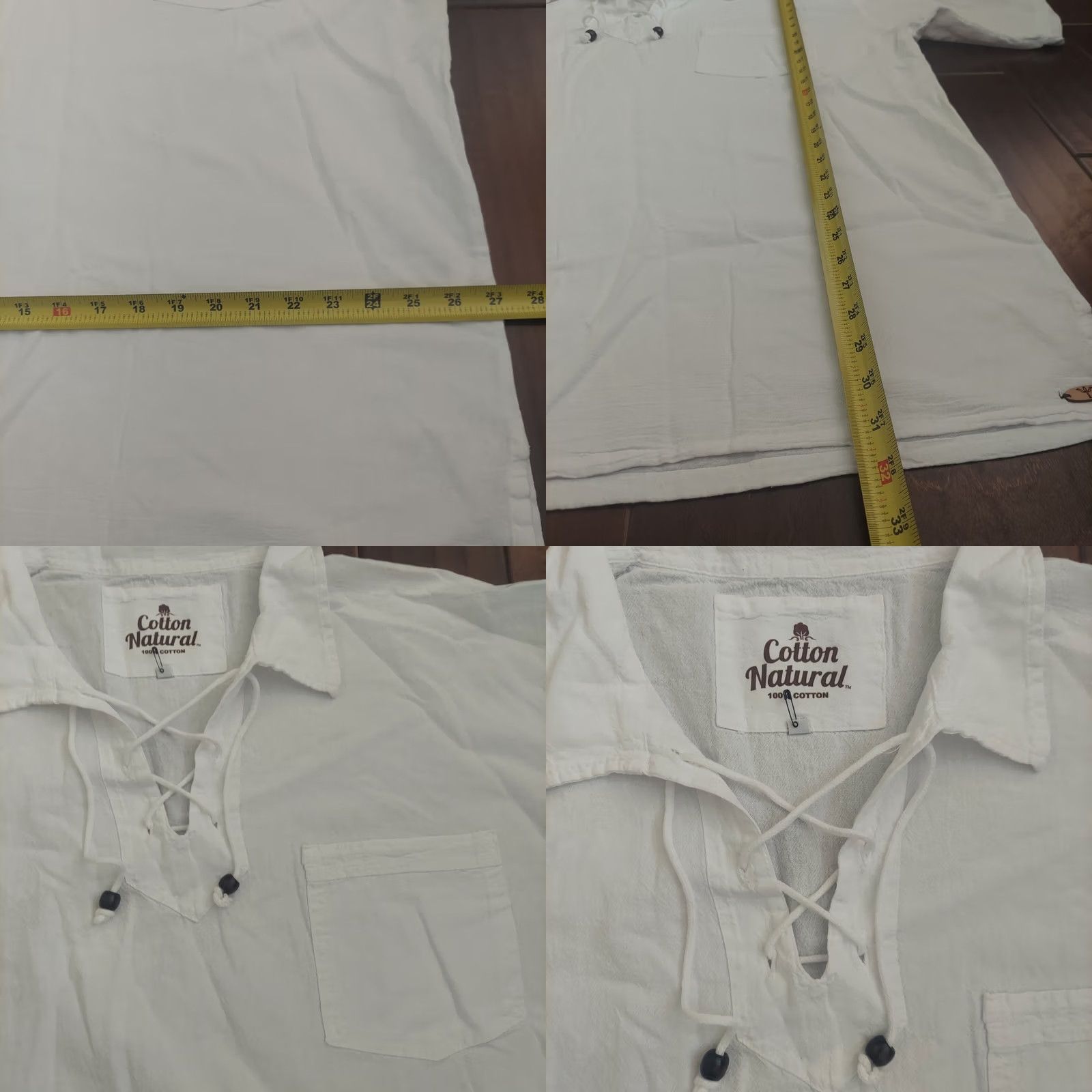 Vintage Cotton Natural Men's White Short Sleeve T-Shirt Front Pocket Drawstrings Beads 3XL Hawaiian Solid Shirt Mens Size US XXL / EU 58 / 5 - 8 Thumbnail